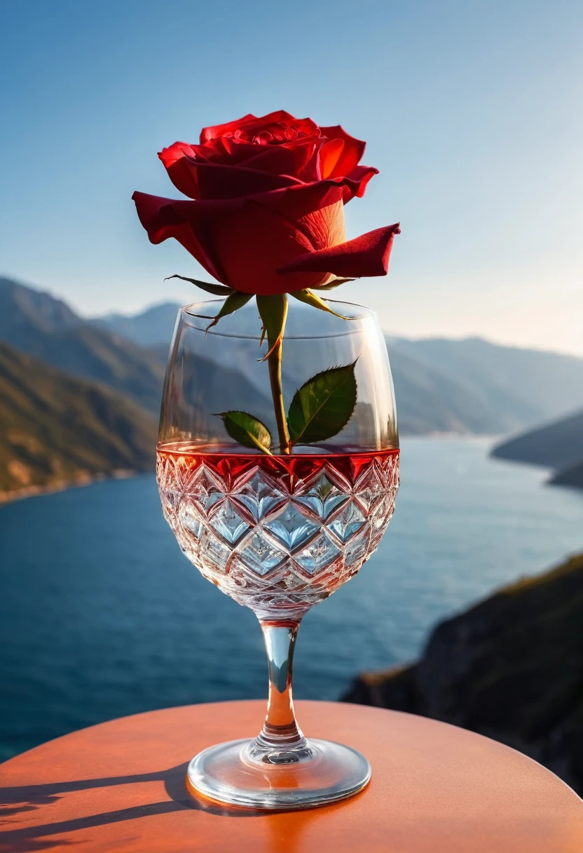 The sun in a crystal glass by the sea, against the background of the mountains, a glass of regular classical shape, opened from above, below, next to the glass, is a red rose, high-quality realistic photography