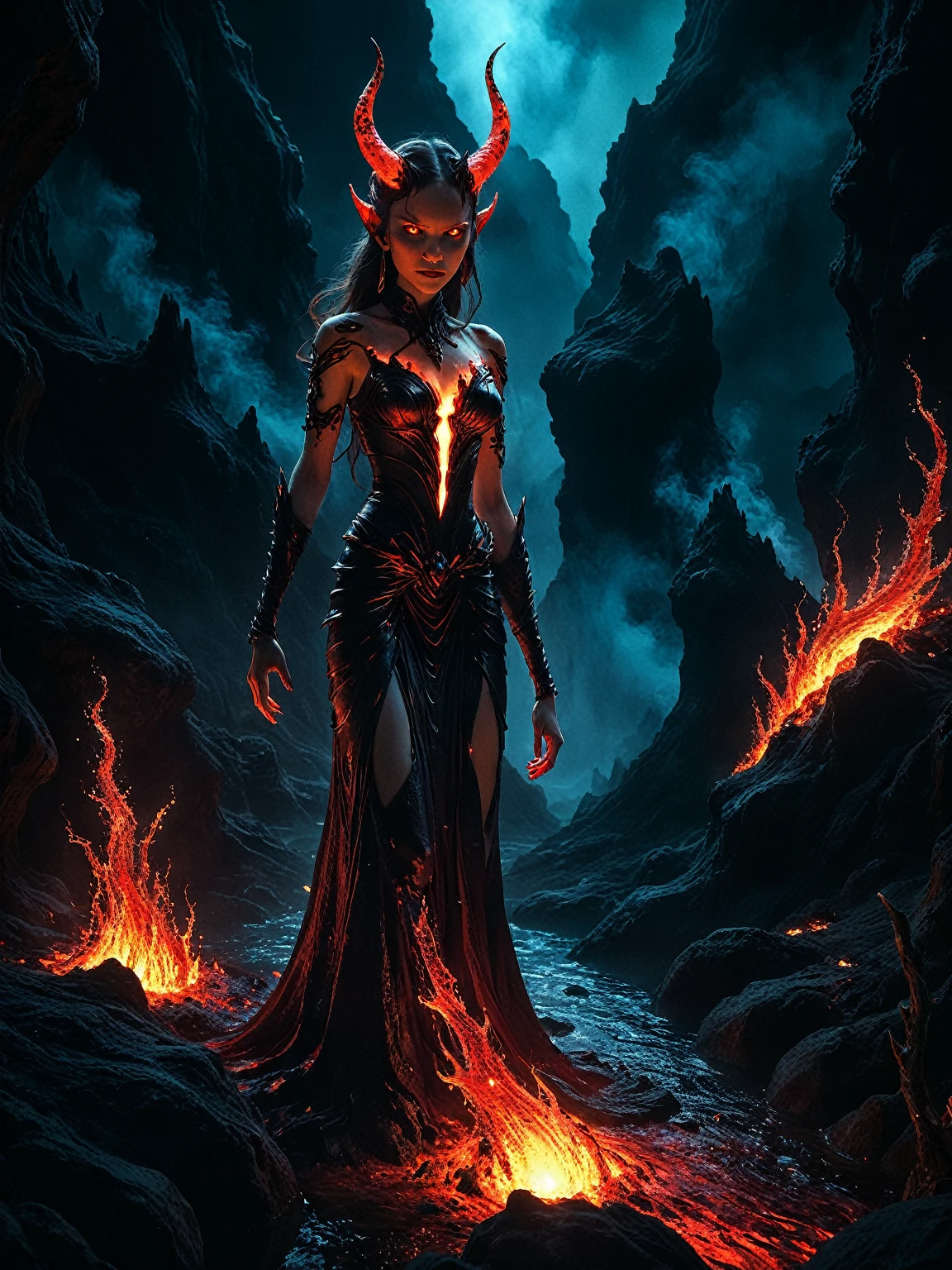 Dreamscape cinematic film still beautiful fire lit,weak lights and dark shadows,beautiful woman devil girl,a glowing demon woman red-white-yellow seductress,pale skin,bathing in the dark waters of the abyss,natural elements in hell theme. otherworldly abyss,jagged rock sculptures,fire,surrounded by smoke,surrounded by fireflies (natural elements),(underworld theme),(white glow eyes),(glow red lava streams),(white fireflies),(red particle effects) and other 3D,Octane rendering,ray,. shallow depth of field,vignette,highly detailed,high budget,bokeh,cinemascope,moody,epic,gorgeous,film grain,grainy . Surreal, ethereal, dreamy, mysterious, fantasy, highly detailed