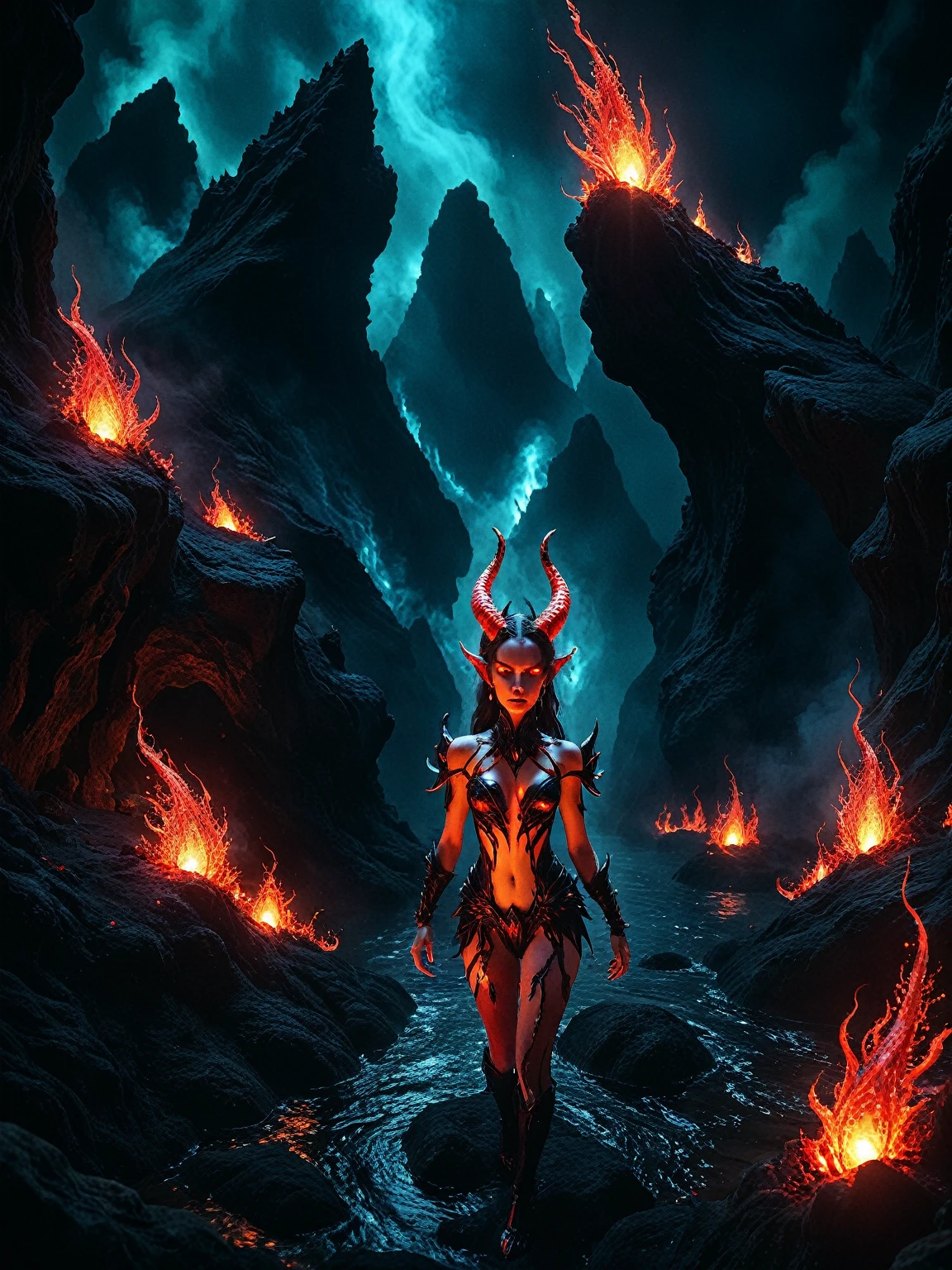 Dreamscape cinematic film still beautiful fire lit,weak lights and dark shadows,beautiful woman devil girl,a glowing demon woman red-white-yellow seductress,pale skin,bathing in the dark waters of the abyss,natural elements in hell theme. otherworldly abyss,jagged rock sculptures,fire,surrounded by smoke,surrounded by fireflies (natural elements),(underworld theme),(white glow eyes),(glow red lava streams),(white fireflies),(red particle effects) and other 3D,Octane rendering,ray,. shallow depth of field,vignette,highly detailed,high budget,bokeh,cinemascope,moody,epic,gorgeous,film grain,grainy . Surreal, ethereal, dreamy, mysterious, fantasy, highly detailed