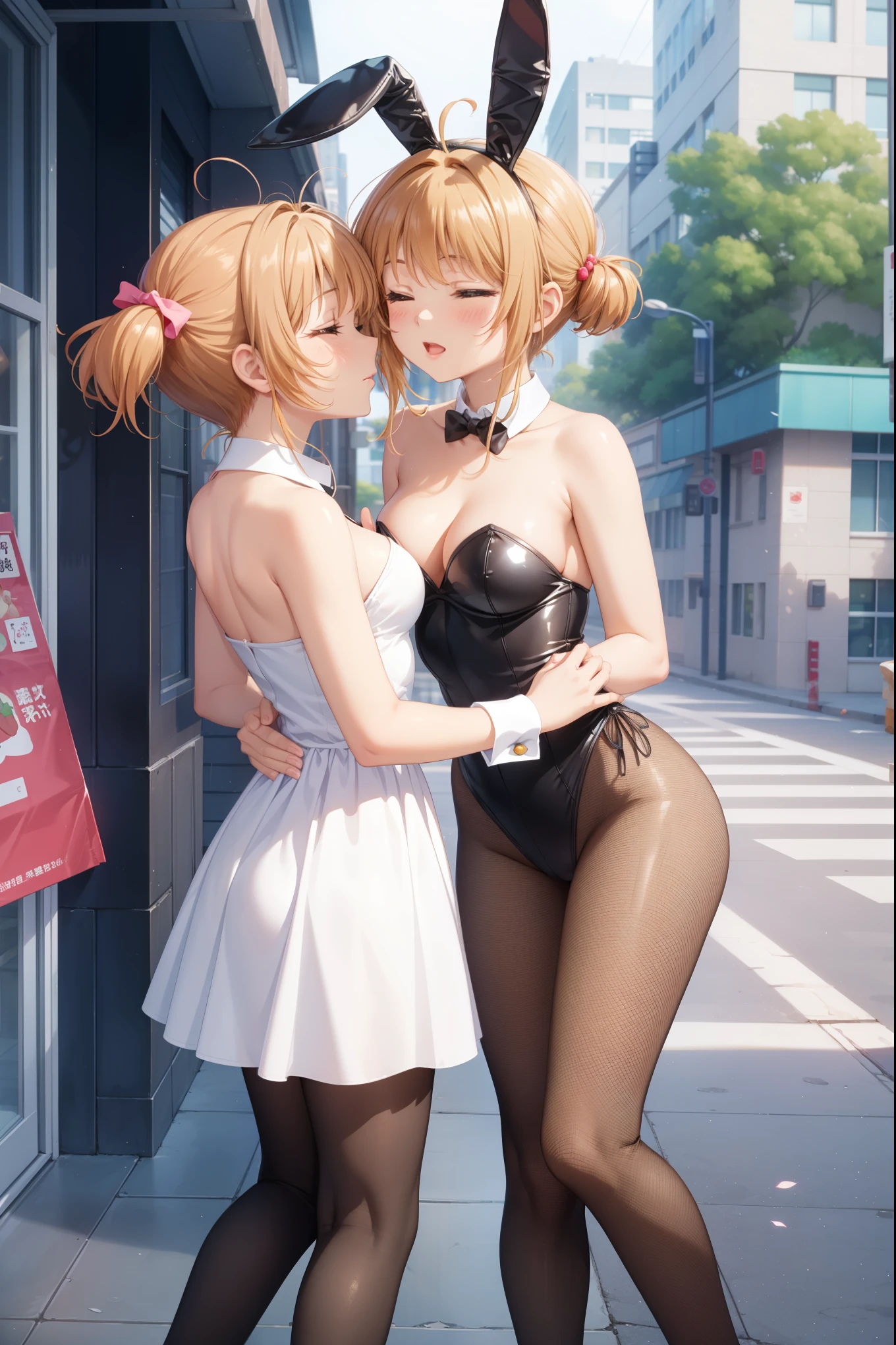 masterpiece, best quality, highres, (2girls), (multiple girls), detailed face, blush, anime CG style, (medium breasts), (18 year old girl:1.3), (aged up), good lighting, perfect body, sakura kinomoto, glossy lips, city street, strapless leotard, detached collar, wrist cuffs, (fishnet tights), bunny ears, (curvy), facing each other, kissing), eyes closed