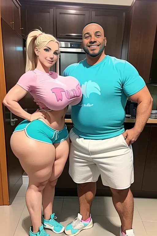 High resolution, (((two people in picture))), (one is a mature white girl, (((bimbo))), thick, long blonde, ponytail, she is smiling , very big wide hips, thick thighs, hourglass figure, small round breast, ((she's wearing teal dolphin shorts))), (the other is a young muscular man, he's in shorts and a T-shirt, the man standing beside her, (((he's standing very close to her))), (((they're both looking at the viewer smiling))), (((he's groping her hip)))