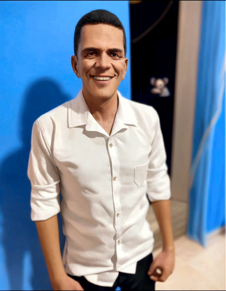 Cartoon character of a man in black glasses and blue shirt, animation character, Caractere estilizado, animation style rendering, 3D estilizado, Arnold Maya rendering, Stylized 3D rendering, toon render screenshot, Personagem 3D, Personagem 3D, Stylized 3D rendering, 3D character rendering, personagem de desenho animado, Personagem de close up, Pose de personagem,  (Estilo Pixar) (parte mestre:1.2) (Bokeh) (melhor qualidade) (pele detalhada) (textura detalhada) (8K) (argila) (cinematic lighting) (sharp focus