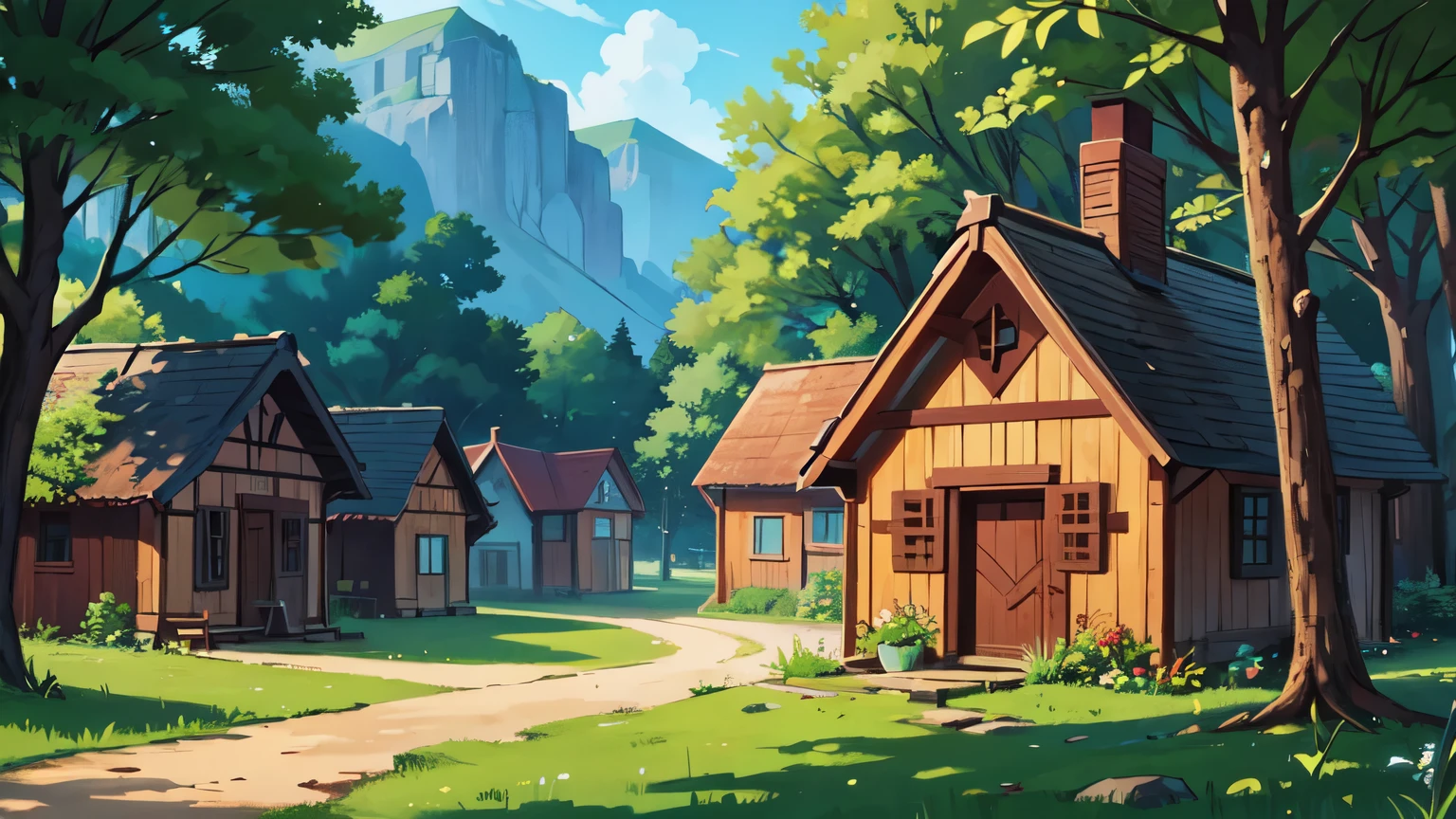 village, the forest, Wooden houses, фэнтезийная village, without people