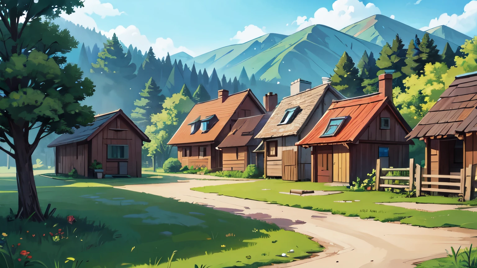village, the forest, Wooden houses, фэнтезийная village, without people