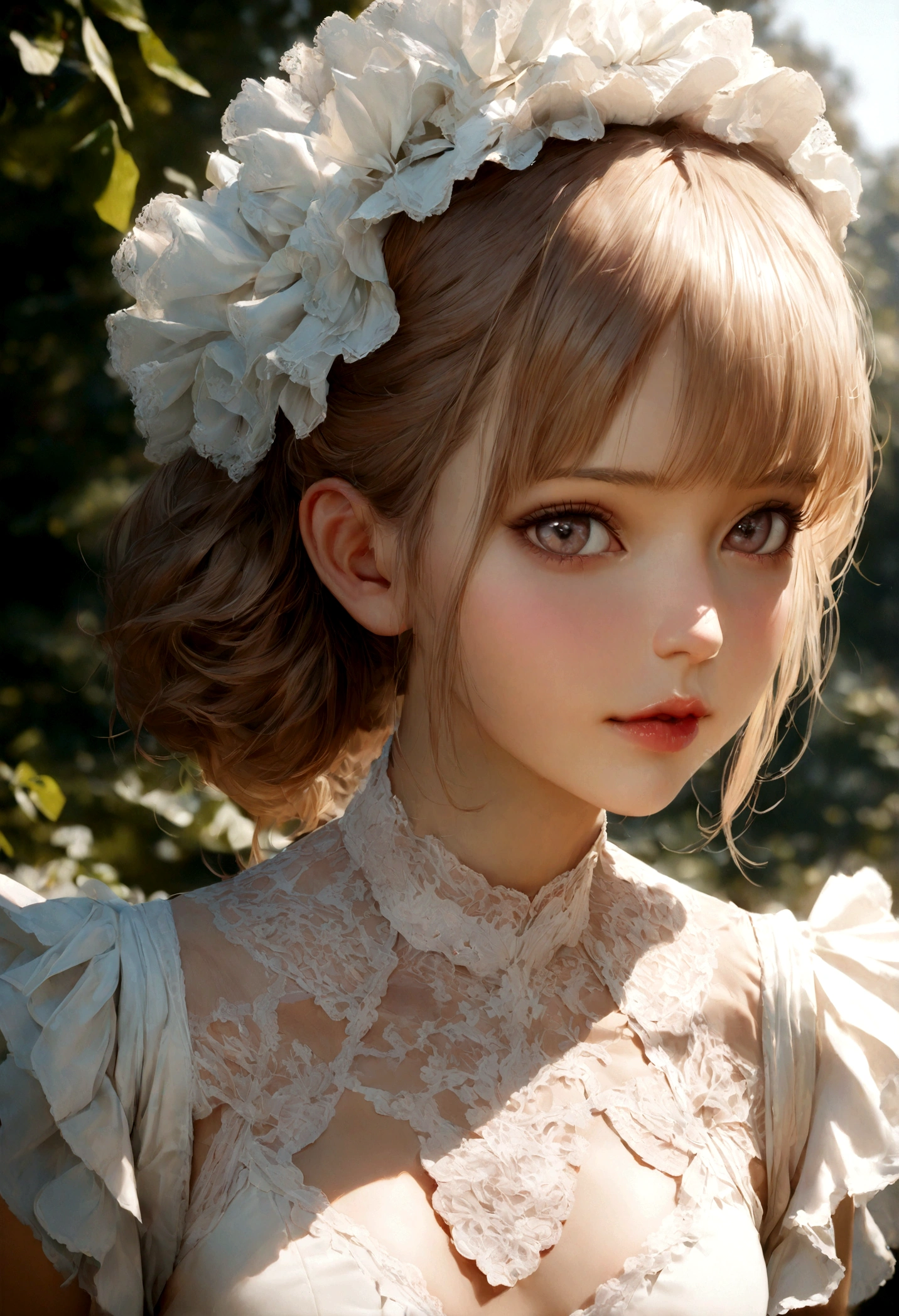 (kawaii face, amazing flat breasts), (Beautiful frills and lace costumes:1.3), Ultra High Definition, Superior Quality, Premier Quality, ultra detailed, Photorealistic, 8k, RAW Photos, highest quality, masterpiece, professional photography, Realistic portrait, Beautiful detailed, Close up portrait of girl, Outdoors, beautiful sight, beautiful scenery, beautiful backgrounds, (Fine face:1.2),