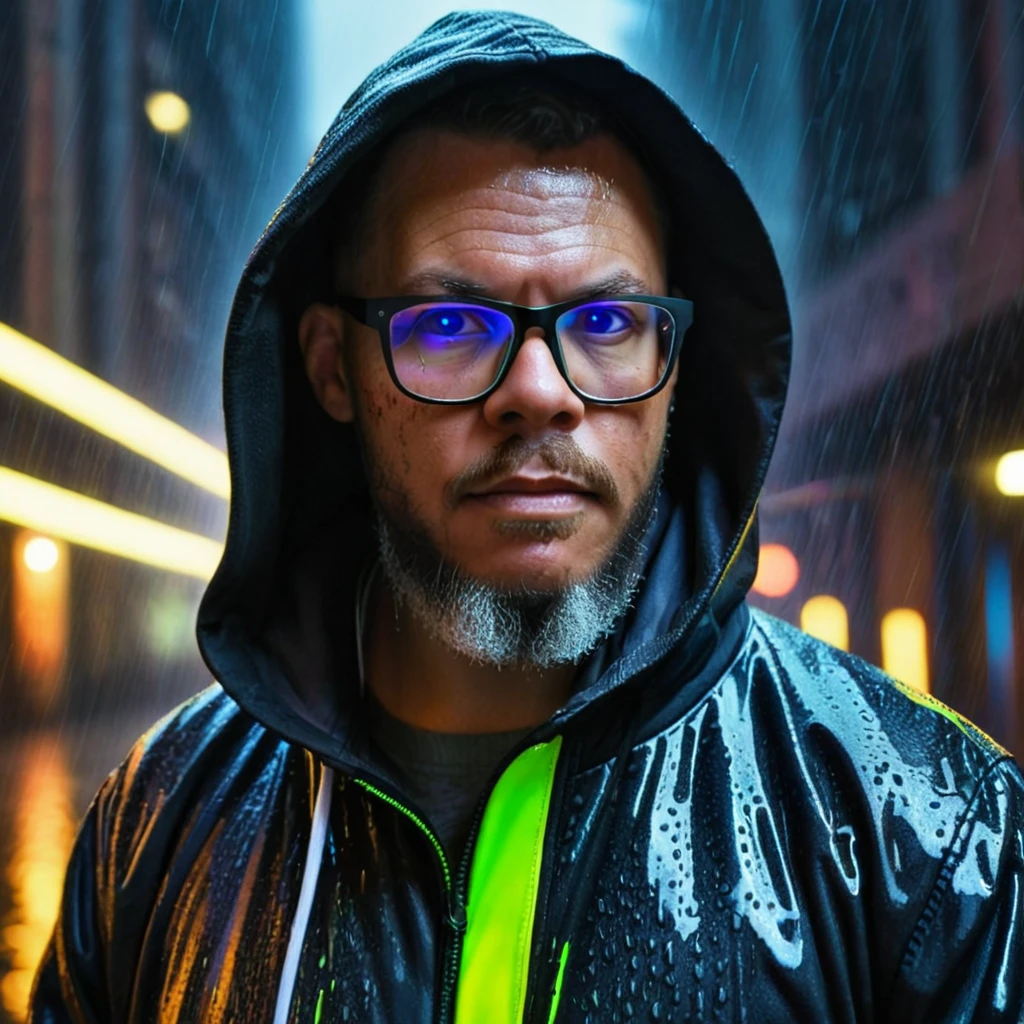 A raw, cyberpunk-style half-body portrait of a man with glasses and a beard, wearing a hooded jacket with neon strips, set in a futuristic, rain-soaked cityscape. The lighting is Rembrandt chiaroscuro, emphasizing dramatic contrasts. His skin shows realistic details with natural imperfections. Masterpiece, ultra-realistic, captured using a Canon D40 with a 50mm lens.

gutto2024sdxl 