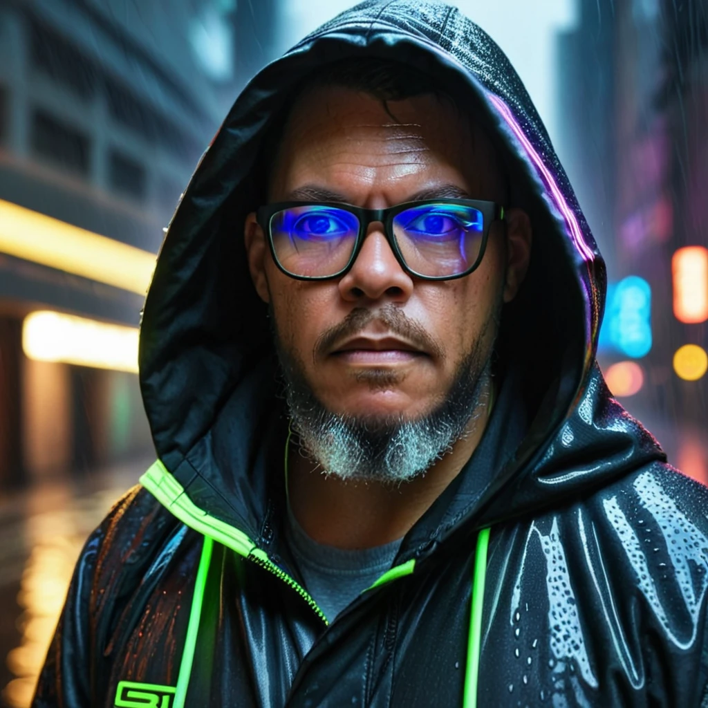 A raw, cyberpunk-style half-body portrait of a man with glasses and a beard, wearing a hooded jacket with neon strips, set in a futuristic, rain-soaked cityscape. The lighting is Rembrandt chiaroscuro, emphasizing dramatic contrasts. His skin shows realistic details with natural imperfections. Masterpiece, ultra-realistic, captured using a Canon D40 with a 50mm lens.
gutto2024sdxl