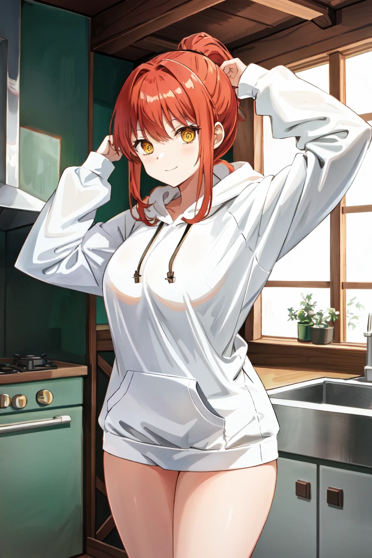 makima\(chainsaw man\), long sleeves, red hair, large breasts, solo, looking at viewer, thick thighs, hand in lap, yellow eyes, 1girl, thick hoodie, heavy hoodie, long flowing hair, indoors, white hoodie strings, makima, 36 year old mature woman, milf, (standing in kitchen), serious eyes contraditing smile, beautiful japanese home, extremely welcoming, long face, no pants, oversized hoodie, 3/4, body shot, light pink hoodie almost white, ponytail, tight hoodie, hands on head, arms up