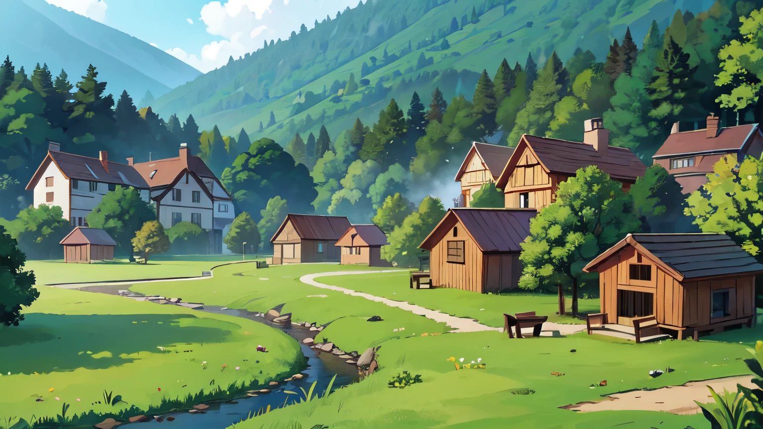 village, the forest, Wooden houses, фэнтезийная village, without people