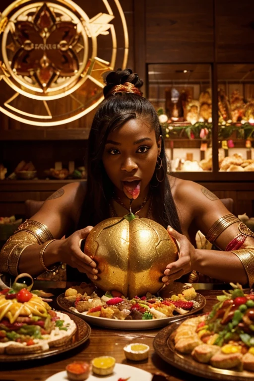 Create a detailed and visually rich image that represents: A human figure or creature devouring an excessive amount of food.
Details: Tables overflowing with various, extravagantly displayed foods. The figure should appear obsessed, with expressions of voracity.
Colors: Warm and vivid tones such as red, orange, and gold.