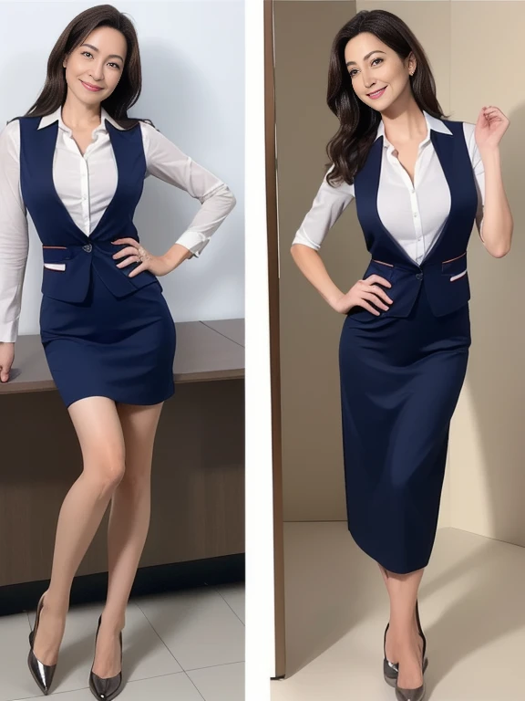 (Multiple-angle full-body photos of the same person:1.4)、(front:1.2)、(side:1.2)、(back:1.2)、Elegant long hair、45-year-old office lady、Intelligent married woman、Beautifully detailed hair、Beautiful and detailed brown eyes、beautiful flat chest、Beautiful, clear skin、Medium chest、Office worker uniform、Shiny plain navy blue vest、Woman&#39;s wedding ring on the ring finger of her left hand、光沢のある紺色の膝下丈くらいのOffice worker uniformのペンシルスカート、Embarrassed face,surprise,I&#39;m happy and embarrassed