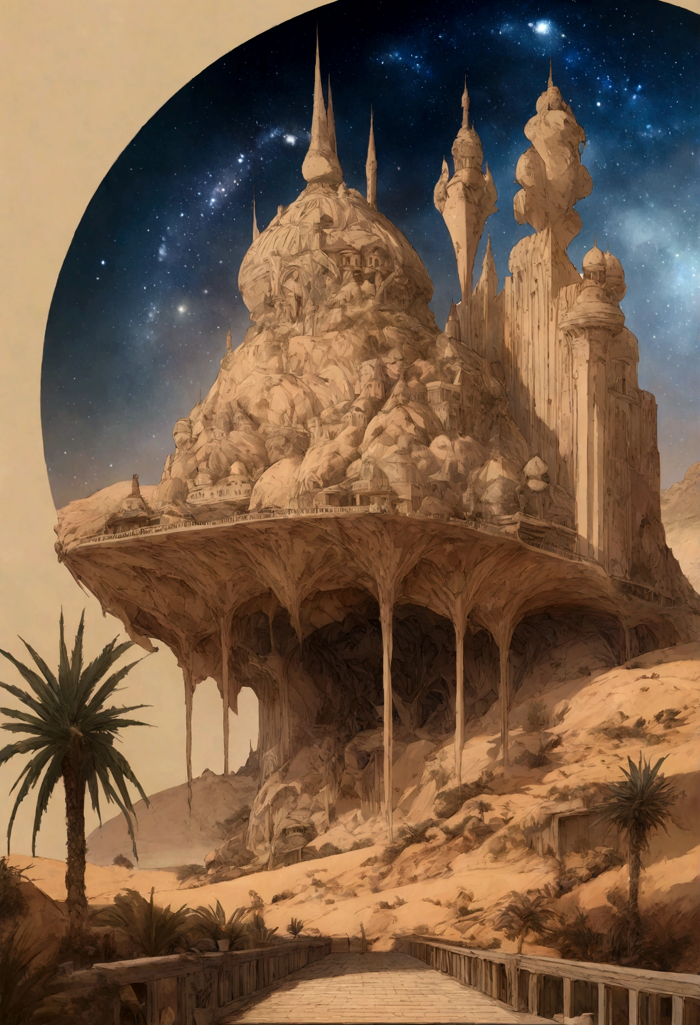 Dubai architectural style, desert background, la nuit, starry sky, grandiose, surrealism, chef-d'artwork, Une haute résolution, 16k, Great detail, accurate, Une haute résolution, High details