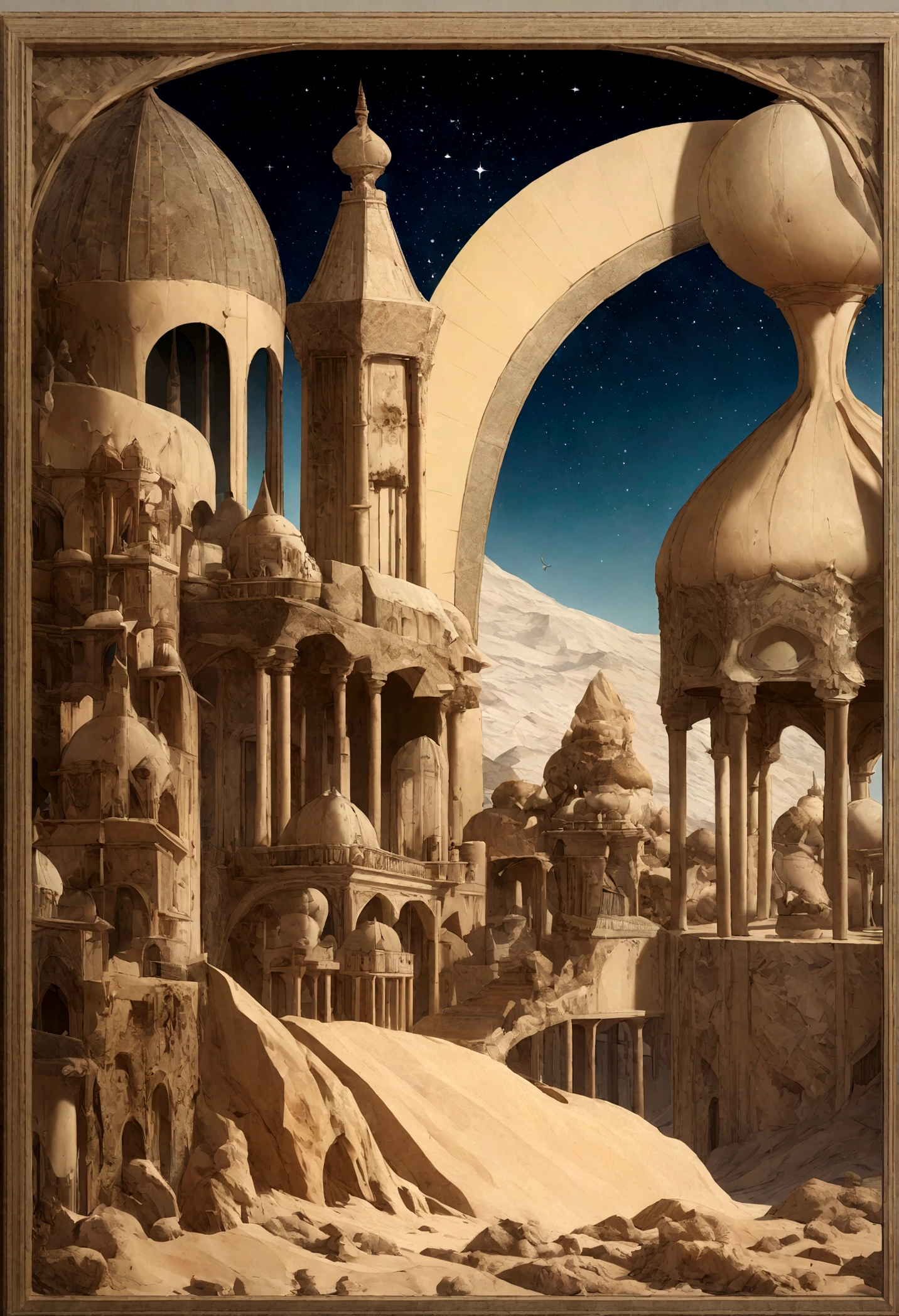 Dubai architectural style, desert background, la nuit, starry sky, grandiose, surrealism, chef-d'artwork, Une haute résolution, 16k, Great detail, accurate, Une haute résolution, High details