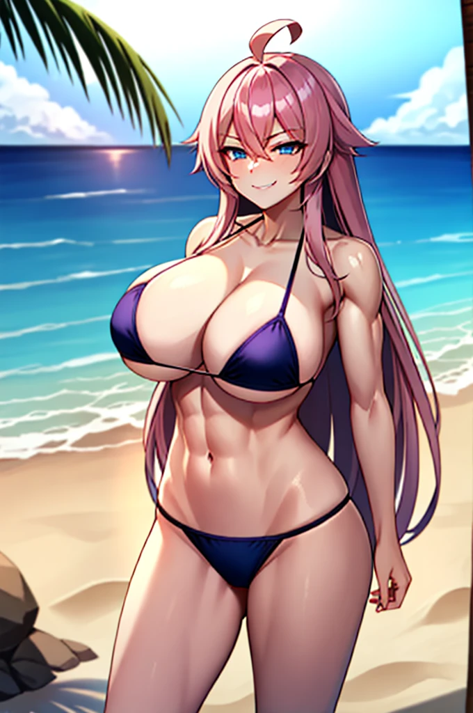 long pink straight hair, ahoge, bikini, age 18, massive breasts, blue eyes, athletic, smirk, slutty, slut, whore, beach