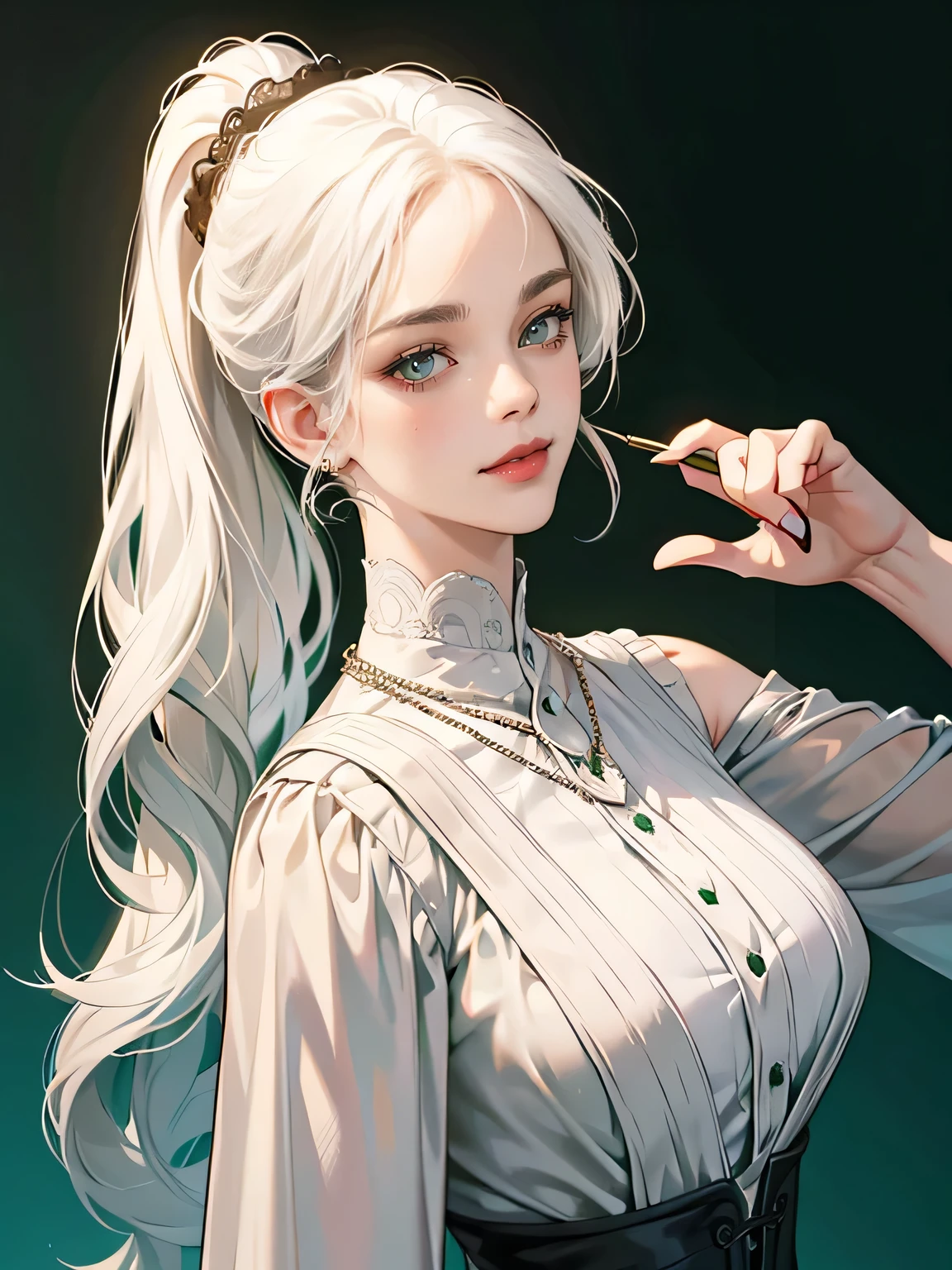 masterpiece, Best quality, realistic, 1 woman, no smile and charming young woman, 27 years, Happy Look, portrait, very detailed face, green eye color, [thick eyebrow] Beautiful, whole body, west, Jewish, smiling face, Red lips, White hair color, JEWELRY, necklace, Big Tits, masterpiece, Best quality, realistic, One Mature Woman, very detailed face, ((white hair length)), Slim, Incredibly gentle and elegant face, Sexy and feminine, cinematic lighting, Without makeup, Victorian era, (whole portrait), History of Hogwarts, Hogsk, wearing Slytherin uniform, Slytherin uniform, add bangs on hair, look at the viewer, Slytherin cloak, night background, bangs on hair, add hair in ponytail, hair in ponytail,