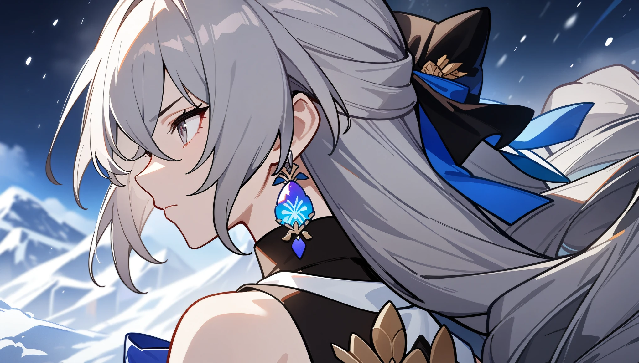 1girl, female focus, bronya, bronya rand, honkai star rail, masterpiece, best quality, extreme close up, side profile, back turned, detailed grey eyes, serious expression, blizzard, snowy mountains, absurdres, epic composition, centered, masterpiece, clean lineart, clean anime outlines, best quality, high quality, high details, super detail, anatomically correct, best quality, ultra-detailed, colorful, dynamic lighting, HD,
