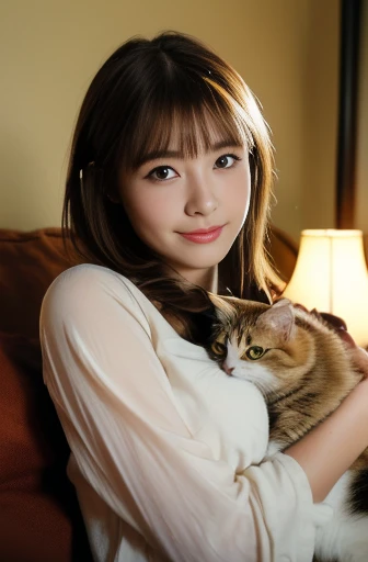 beautiful cat, corrected-cat, She is holding a kitty calico cat on her lap, on sofa looking viewer, Japanese girl , 16 year old ,(middle hair, brown hair, fringe, little smiling) ,(masterpiece, highest quality, Very detailed, Ultra-high resolution, (photopractical:1.4), Original photo, (practical:0.2), 8K HDR,)、dark room, 1 candle lighting