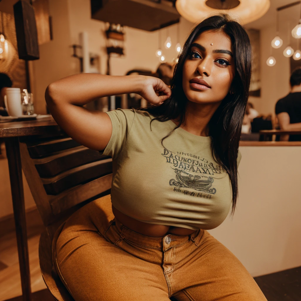 a beautiful indian woman, 22 years old, tan skin, perfect facial features, gorgeous girl, wearing jeans and a t-shirt, guitar-like body shape, large breasts and butt, sitting on a chair in a restaurant, (best quality,4k,8k,highres,masterpiece:1.2),ultra-detailed,(realistic,photorealistic,photo-realistic:1.37),highly detailed face, beautiful detailed eyes, beautiful detailed lips, extremely detailed eyes and face, long eyelashes, realistic skin texture, studio lighting, vivid colors, warm color tones, photorealistic, digital art, portrait