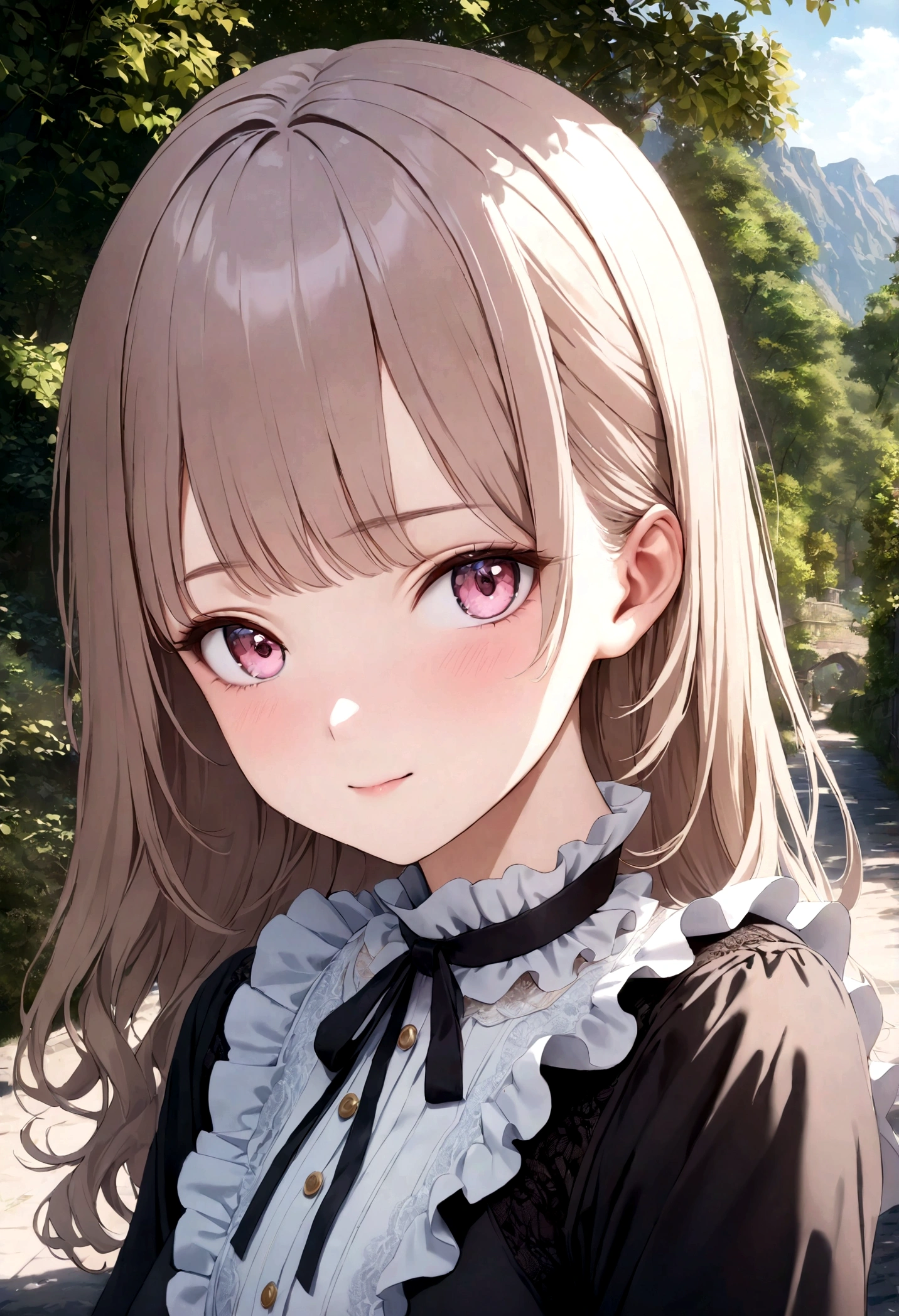 (kawaii face, amazing flat breasts), (Beautiful frills and lace costumes:1.3), Ultra High Definition, Superior Quality, Premier Quality, ultra detailed, Photorealistic, 8k, RAW Photos, highest quality, masterpiece, professional photography, Realistic portrait, Beautiful detailed, Close up portrait of girl, Outdoors, beautiful sight, beautiful scenery, beautiful backgrounds, (Fine face:1.2),