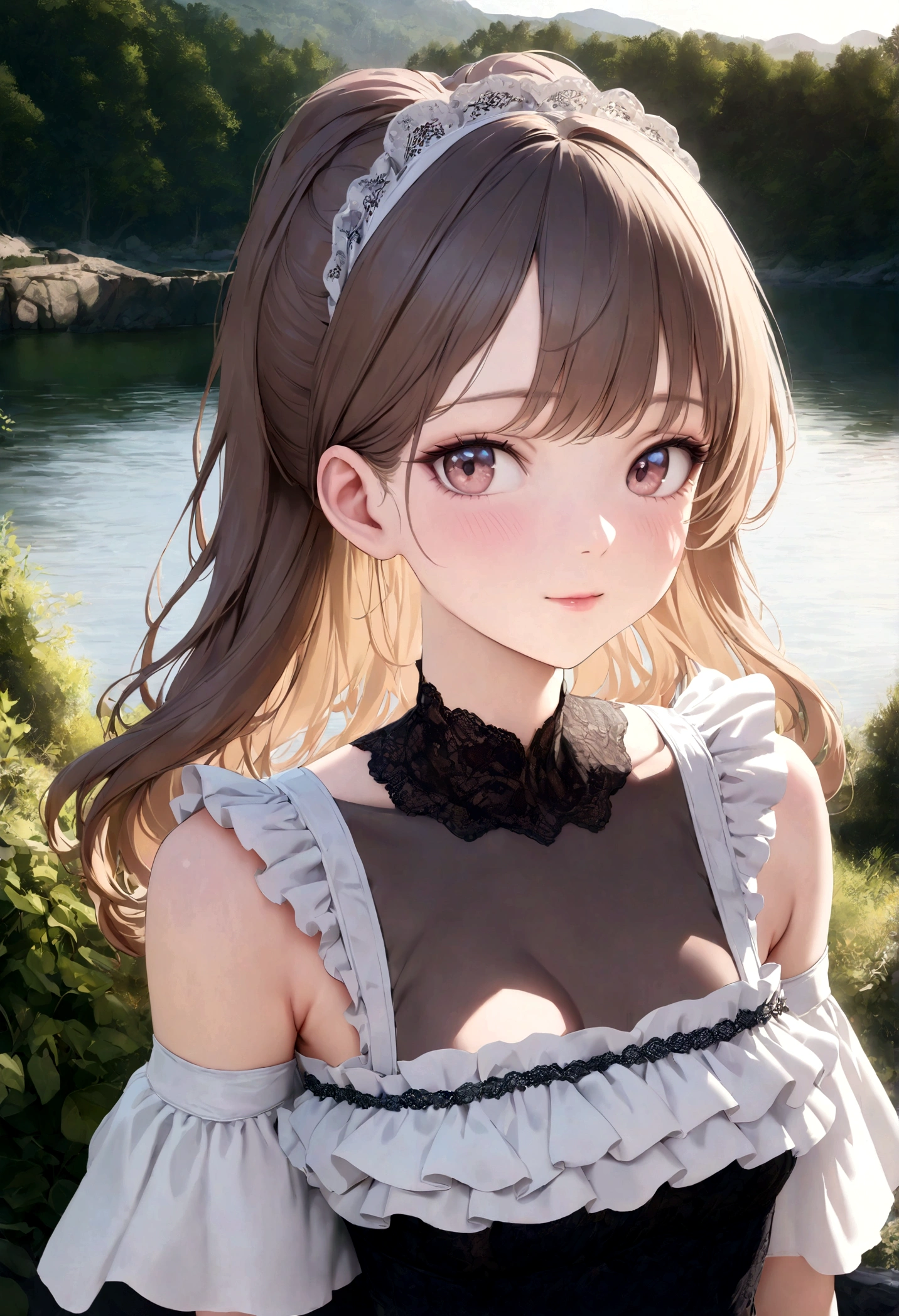 (kawaii face, amazing flat breasts), (Beautiful frills and lace costumes:1.3), Ultra High Definition, Superior Quality, Premier Quality, ultra detailed, Photorealistic, 8k, RAW Photos, highest quality, masterpiece, professional photography, Realistic portrait, Beautiful detailed, Close up portrait of girl, Outdoors, beautiful sight, beautiful scenery, beautiful backgrounds, (Fine face:1.2),