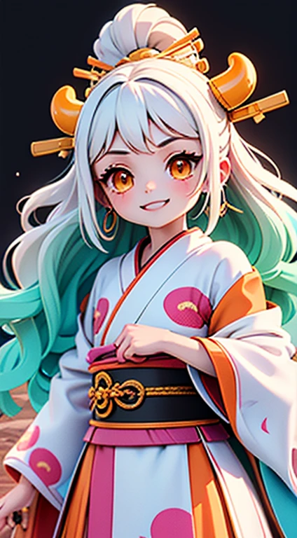 masterpiece, ((Very detailed背景, Delicate pattern, Intricate high detail)), (Very detailed, Fine details), highest quality,Beautiful lighting, (((Medium chest, Skinny girl, とてもSkinny girl))), (Cowboy gets shot), Yamato V2, Long Hair, One girl, Banya, White Hair, only, their, Red Corner, Coil horn, hair ornaments, (multicoloRed Corner), gem, Earrings, kimono, Komono, Hairpin, No sleeve, Exposing shoulders, Aqua Hair, Side Lock, フープEarrings, In the same way, smile, Big smile, ((Orange eyes)), Complex and detailed background, outside, Set in nature, rock, sunny, 青null, null,