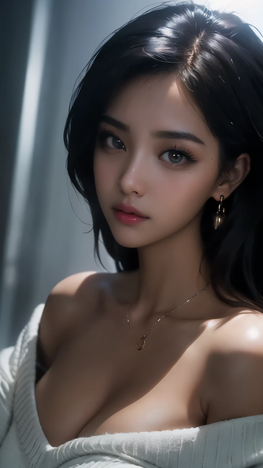 ultra high res, masterpiece, best quality, perfect glossy shiny skins, perfect lighting, detailed lighting, dramatic shadows, ray tracing, black sweater, off shoulder, Big breasts, Exposed cleavage, nsfw, ((Dark background)), Sexy face, Facial expressions when receiving pleasure,