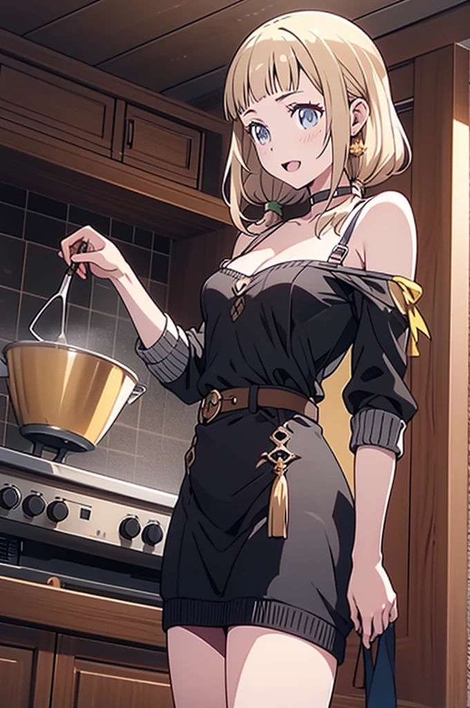 (small breasts:1.3), (perky chest:1.1), (pointed chest:1.0), (fashion magazine cover:1.3),(from below:1.0),(from side:0.9),masterpiece, a 26yo girl, Amazing Cleavage:1.1, thin waist, big ass, Raised sexy, small breast: 1.3, posed cleavage:1.2、solo, looking at viewer, open mouth, have a beautiful beerglass,blonde hair, dark green eyes, dress of bare shoulders, collarbone, sidelocks, hairband, earrings of jewelry, indoors, plant, short hair with long locks, gold hairband, off-shoulder sweater dress, red sweater dress, dark gord hair, very long side hair,is rendered in (masterpiece: 1.2, best quality), with (ultra high resolution) and an exquisite (depth of field),This masterpiece is not only visually stunning but also tells,a scene of be cooking in the kitchen by cooking classroom