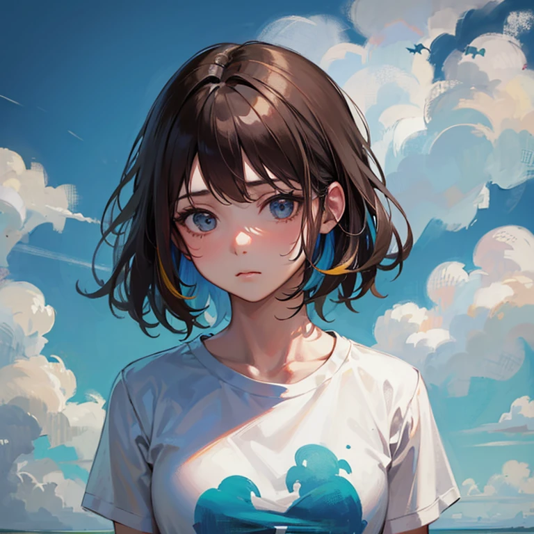 masterpiece, best quality, 1girl, bright brown hair, sad face, white t-shirt, multicolored blue-gray-white background, picture of clouds