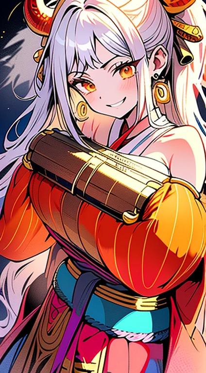 masterpiece, ((Very detailed背景, Delicate pattern, Intricate high detail)), (Very detailed, Fine details), highest quality,Beautiful lighting, (((Medium chest, Skinny girl, とてもSkinny girl))), (Cowboy gets shot),  Yamato V2, Long Hair, One girl, Banya, White Hair, only, their, Red Corner, Coil horn, hair ornaments, (multicoloRed Corner), gem, Earrings, kimono, Komono, Hairpin, No sleeve, Exposing shoulders, Aqua Hair, Side Lock, フープEarrings, In the same way, smile, Big smile, ((Orange eyes)), Complex and detailed background, outside, Set in nature, rock, sunny, 青null, null,