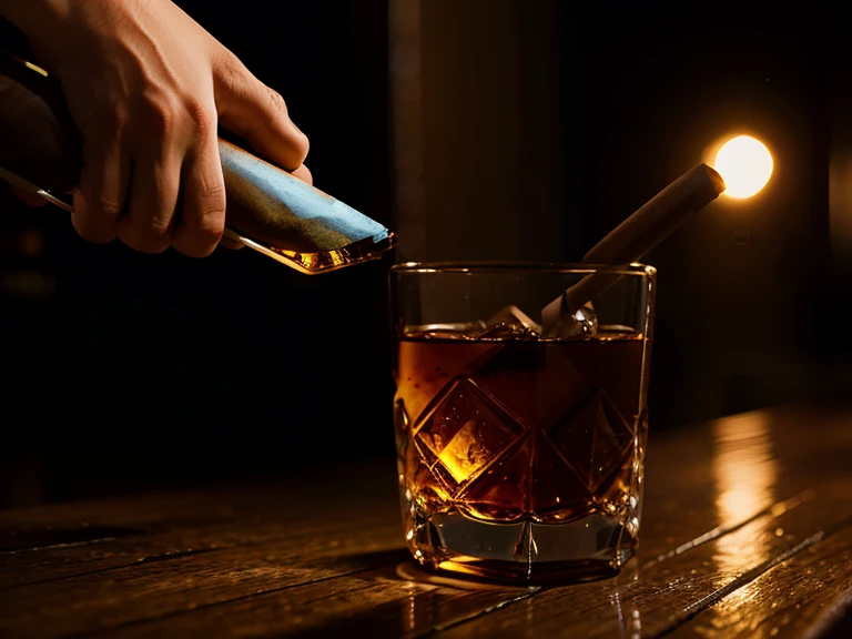 glass of whiskey and a cigar