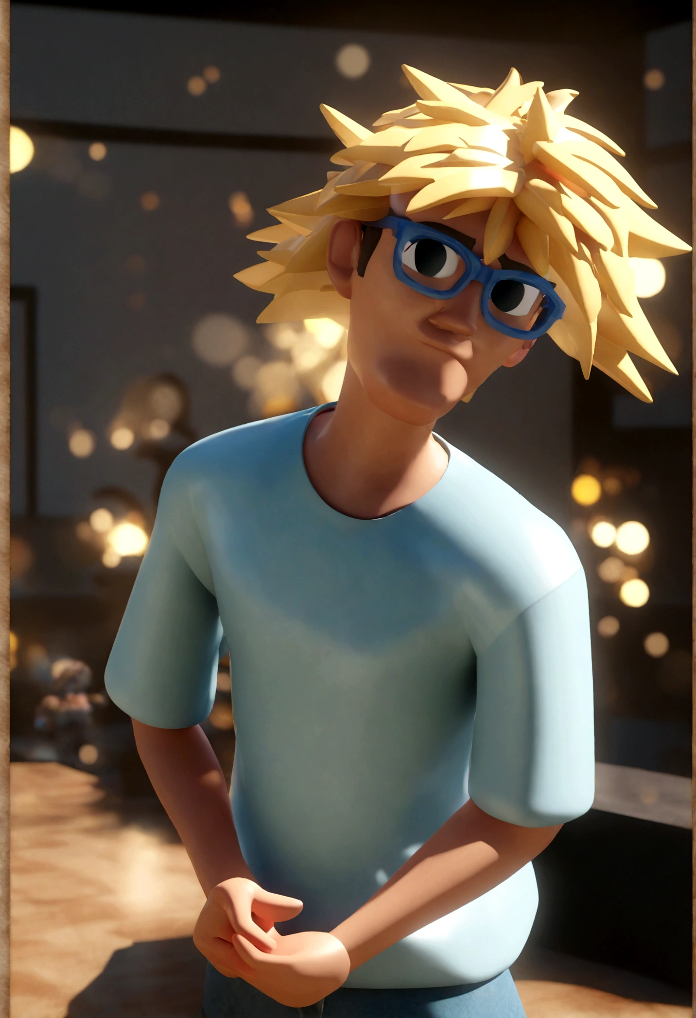 Cartoon character of a man in black glasses and blue shirt, animation character, Caractere estilizado, animation style rendering, 3D estilizado, Arnold Maya rendering, Stylized 3D rendering, toon render screenshot, Personagem 3D, Personagem 3D, Stylized 3D rendering, 3D character rendering, personagem de desenho animado, Personagem de close up, Pose de personagem,  (Estilo Pixar) (parte mestre:1.2) (Bokeh) (melhor qualidade) (pele detalhada) (textura detalhada) (8K) (argila) (cinematic lighting) (sharp focus on the shirt the phrase "Cristiano Folha"
