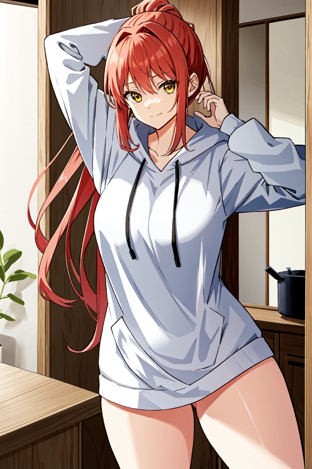makima\(chainsaw man\), long sleeves, red hair, large breasts, solo, looking at viewer, thick thighs, hand in lap, yellow eyes, 1girl, thick hoodie, heavy hoodie, long flowing hair, indoors, white hoodie strings, makima, 36 year old mature woman, milf, (standing in kitchen), serious eyes contraditing smile, beautiful japanese home, extremely welcoming, long face, no pants, oversized hoodie, 3/4, body shot, light pink hoodie almost white, ponytail, tight hoodie, hands on head, arms up