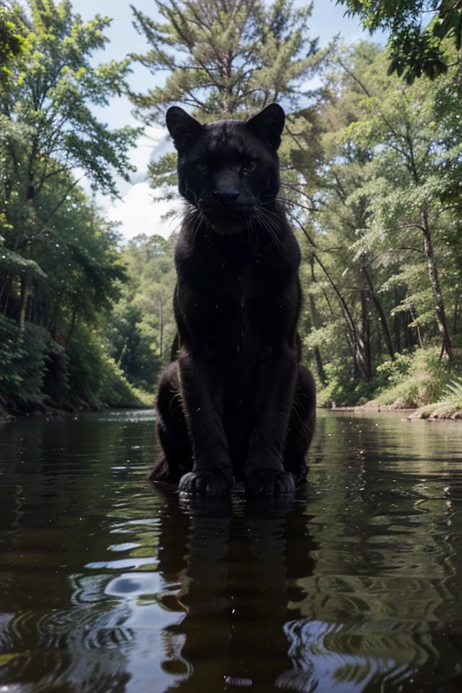 "A black panther cub, with shiny fur and alert eyes, is in the middle of a dense forest. It is drinking water from a serene river, surrounded by thick trees and lush vegetation. In the water's reflection, instead of the cub, there is a majestic and powerful adult black panther. The image conveys the message that we are much bigger and more powerful than we think. The scene is extremely realistic, with sharp details of the leaves, the texture of the water, and the shadows of the trees, creating a rich and inspiring composition, ideal for a high-quality painting."