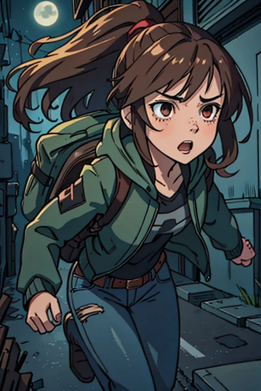 
Create an image of a 14-year-old girl named Eliz, depicted in a dynamic color manga style. She has medium-length wavy brown hair tied in a ponytail and large, expressive eyes that reflect a mix of determination and vulnerability. His face shows subtle freckles and often appears with a slightly stained and dirty appearance, suggesting that he has been through difficult situations.  Eliz wears a green military jacket over a hoodie, paired with distressed jeans and rugged boots. She carries a backpack and extra gear, indicating that she is ready for adventure or survival. Their expressions range from serious and focused to surprised and contemplative, capturing their complex and resilient personality. Make sure the image is of high 4K quality..
A dark night in a narrow alley, with an apocalyptic atmosphere. Eliz, an athletic and brave girl, runs at full speed, her brown hair flowing in the wind. She leaps over a pile of debris as several disheveled and terrifying zombies chase her. The scene is dimly lit by moonlight. The scene is dynamic and in 4K, capturing the intensity and urgency of the situation.