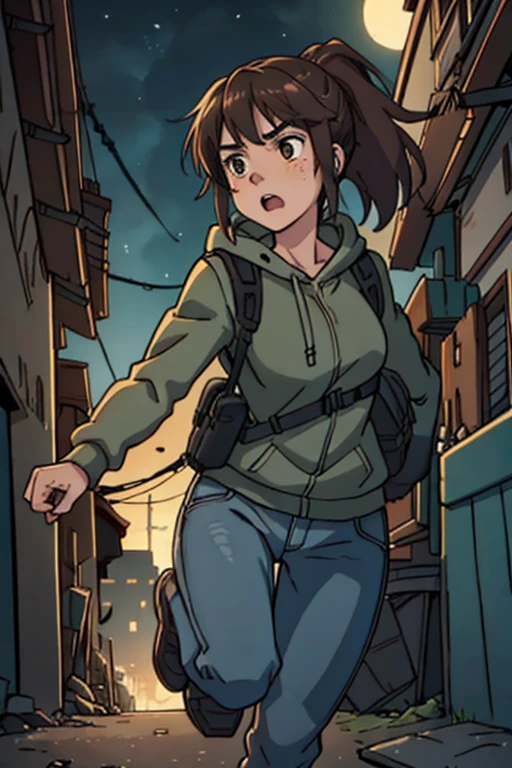 
Create an image of a 14-year-old girl named Eliz, depicted in a dynamic color manga style. She has medium-length wavy brown hair tied in a ponytail and large, expressive eyes that reflect a mix of determination and vulnerability. His face shows subtle freckles and often appears with a slightly stained and dirty appearance, suggesting that he has been through difficult situations.  Eliz wears a green military jacket over a hoodie, paired with distressed jeans and rugged boots. She carries a backpack and extra gear, indicating that she is ready for adventure or survival. Their expressions range from serious and focused to surprised and contemplative, capturing their complex and resilient personality. Make sure the image is of high 4K quality..
A dark night in a narrow alley, with an apocalyptic atmosphere. Eliz, an athletic and brave girl, runs at full speed, her brown hair flowing in the wind. She leaps over a pile of debris as several disheveled and terrifying zombies chase her. The scene is dimly lit by moonlight. The scene is dynamic and in 4K, capturing the intensity and urgency of the situation.