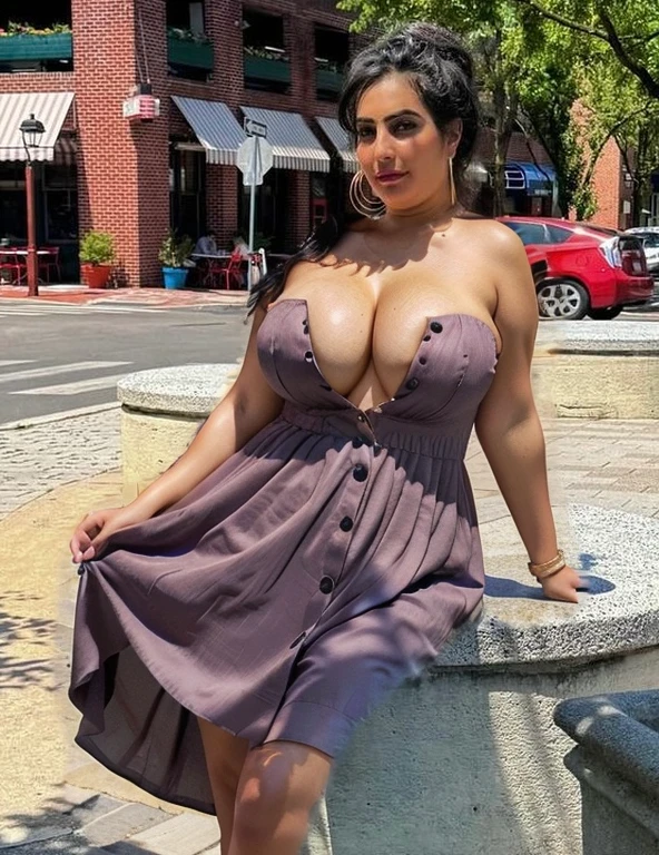 A strapless summer dress, button up, curvy body, cleavage, Arab skin tone, very short short dress, low cut, big cleavage, legs, thighs, upper thighs exposed, photorealistic, 8k, highly detailed, hyper realistic, fashion portrait