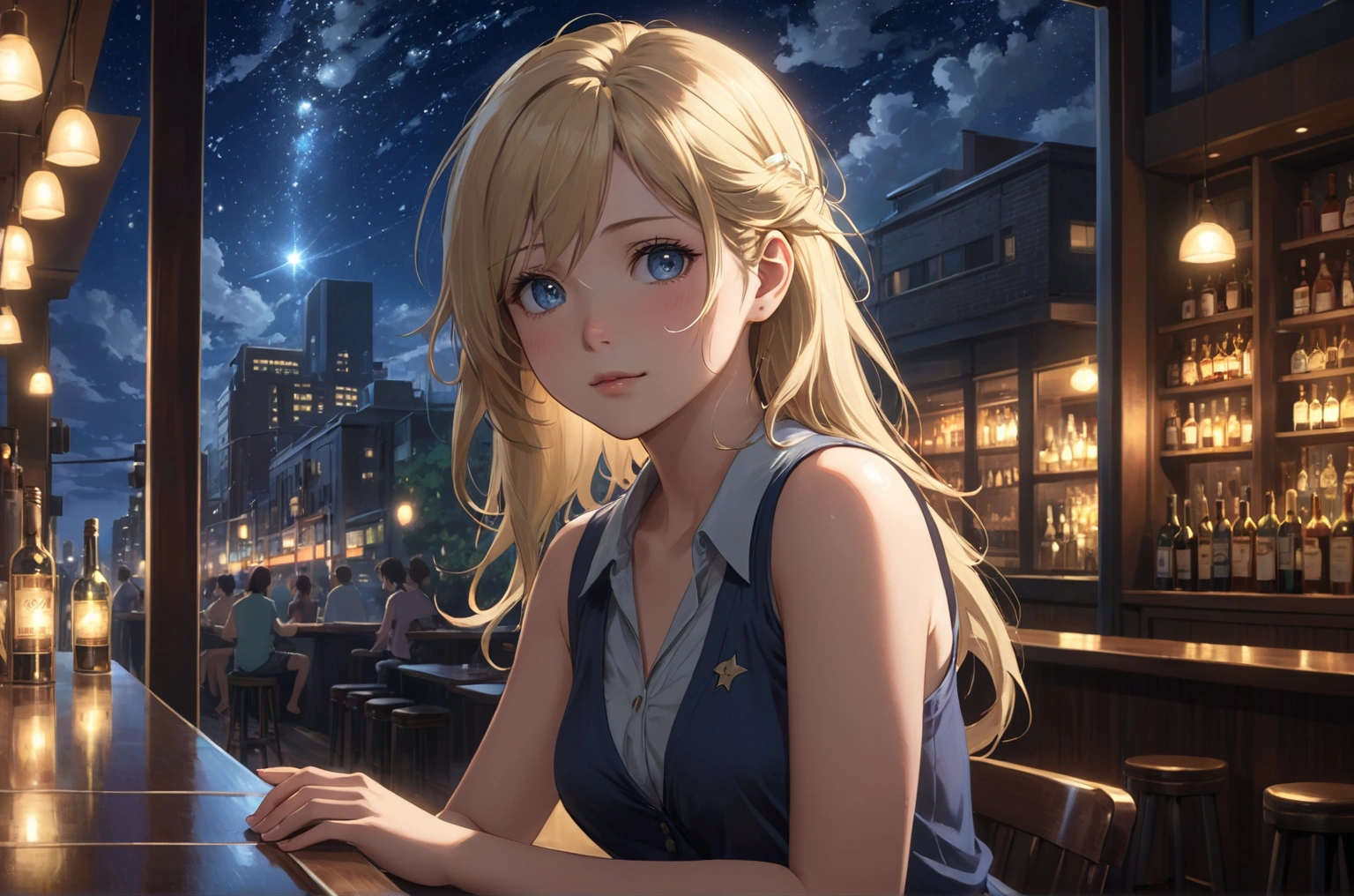Uses Makoto Shinkai&#39;s depiction perfectly,Halie Loren portrait 8k 4k masterpiece photo ,A jazz bar with a glass ceiling,Outside the window is a dim night view,Stars twinkle in the sky,Close-up of face,Semi-long hair,sexy,Large bust,Wearing a sleeveless shirt,Blonde,Draw fingertips and toes more accurately,The most beautiful woman in the world,30 years old,