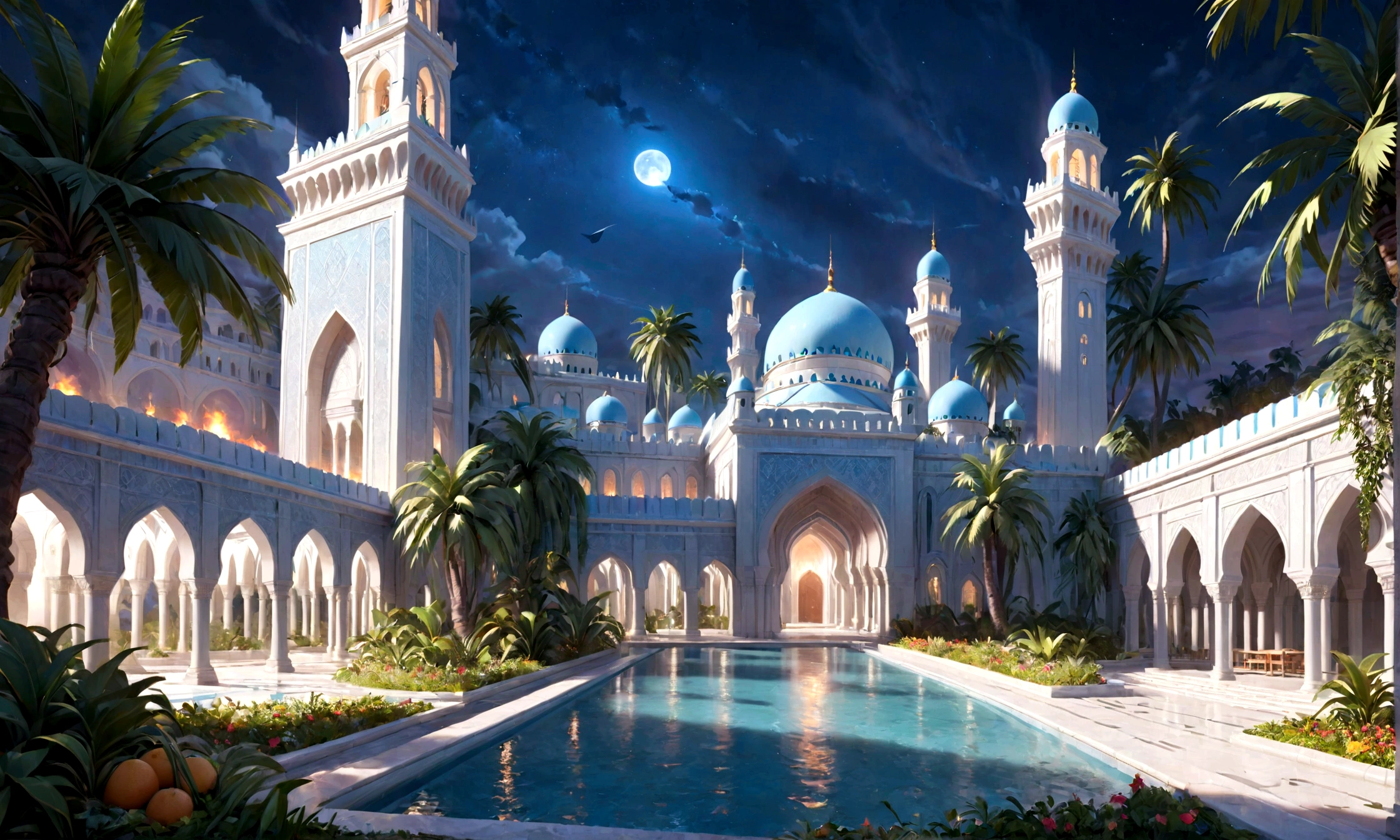 higher, imagination, (realistic), best quality, masterpiece, Realistic Detail, Depth of field, 8k, Full HD, 3d, Super resolution, A mosque , great garden of palm trees and vines, containing all kinds of fruits. Rivers flow beneath it
