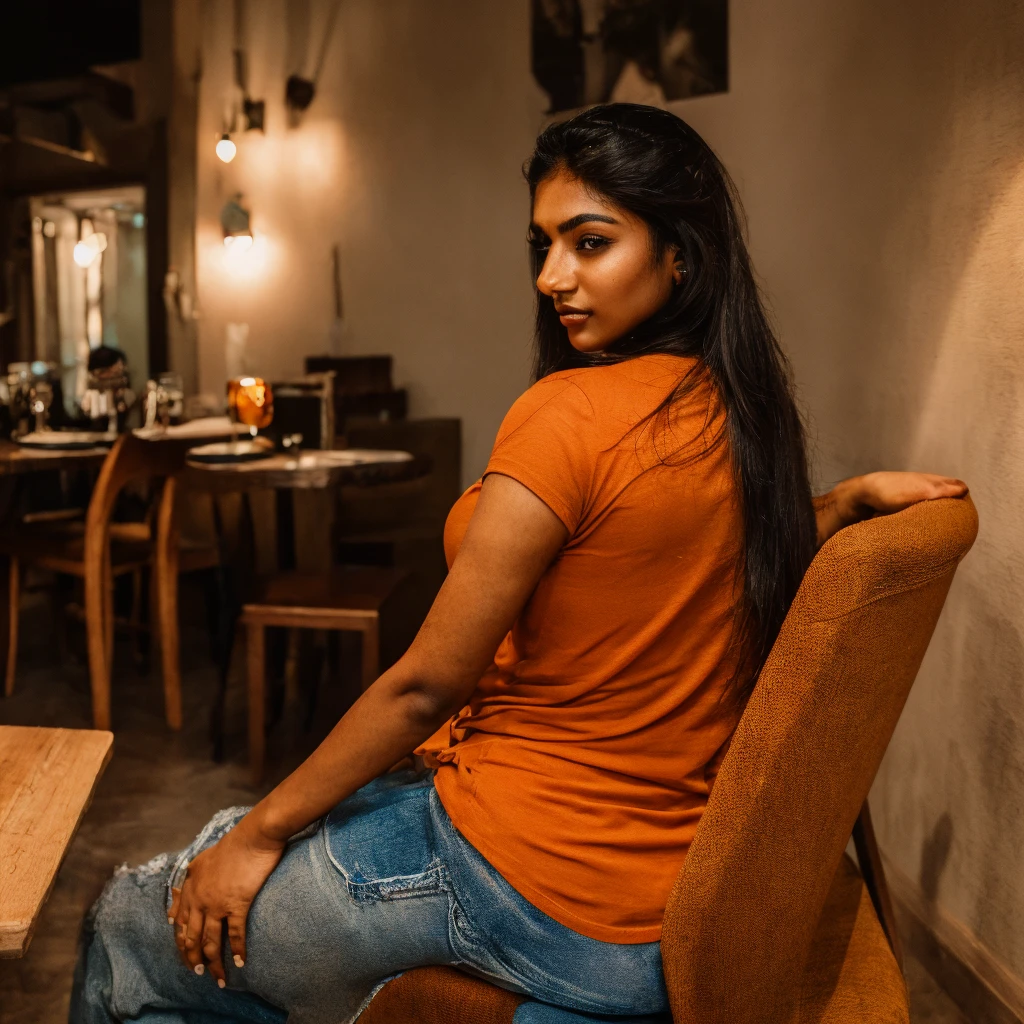 a beautiful indian woman, 22 years old, tan skin, perfect facial features, gorgeous girl, wearing jeans and a t-shirt, guitar-like body shape, large breasts and butt, sitting on a chair in a restaurant, (best quality,4k,8k,highres,masterpiece:1.2),ultra-detailed,(realistic,photorealistic,photo-realistic:1.37),highly detailed face, beautiful detailed eyes, beautiful detailed lips, extremely detailed eyes and face, long eyelashes, realistic skin texture, studio lighting, vivid colors, warm color tones, photorealistic, digital art, portrait(Back view)
