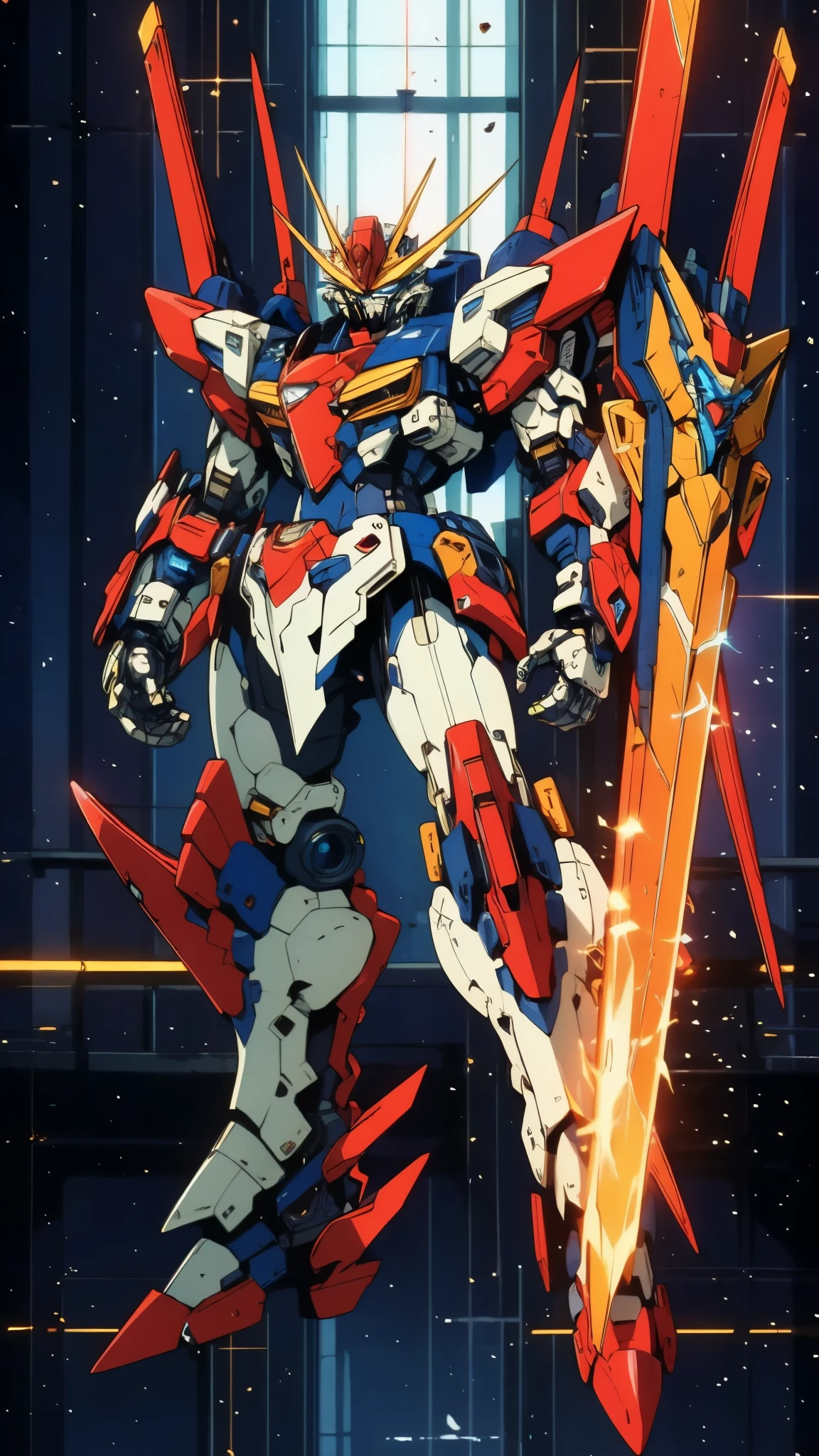 Humanoid Mecha, fully enclosed shoulder guards, matching arm and leg guards, full body, full armor, super robot, the design balances heavy with agility, (the color scheme is primarily white with red and blue accents, the concept Inspired by super robot, Dragon concept chest armor, pose, standing, floating high above the futuristic sci-fi city), exquisite and mature art style, (aura effect, energy, glowing eyes, the armor glows), ((SRS)), metallic, dramatic, high definition, best quality, highres, ultra-detailed, ultra-fine painting, extremely delicate, professional, perfect body proportions, anatomically correct, symmetrical face, extremely detailed eyes and face, high quality eyes, creativity, RAW photo, UHD, 32k, Natural light, cinematic lighting, masterpiece-anatomy-perfect, masterpiece:1.5