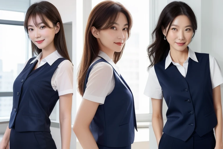 (whole body:1.5)、(Multiple Views、split view:1.2)、(Front view、Photo from behind、、Chest close-up:1.1)、、Elegant long hair、45-year-old office lady、Intelligent married woman、Beautifully detailed hair、Beautiful and detailed brown eyes、beautiful flat chest、Beautiful, clear skin、Medium chest、Office worker uniform、Shiny plain navy blue vest、Woman's wedding ring on the ring finger of her left hand、光沢のある紺色の膝下丈くらいのOffice worker uniformのペンシルスカート、Embarrassed face,surprise,I'm happy and embarrassed