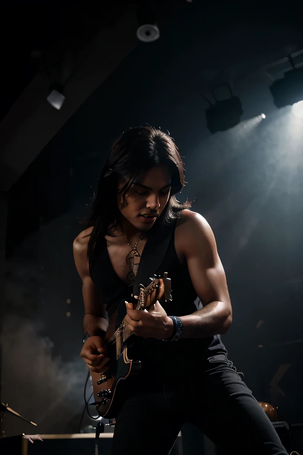 under shot, shadow black silluete of a rockstar playing his guitar on a stage in a show with smoke and colorful loghts around him, epic