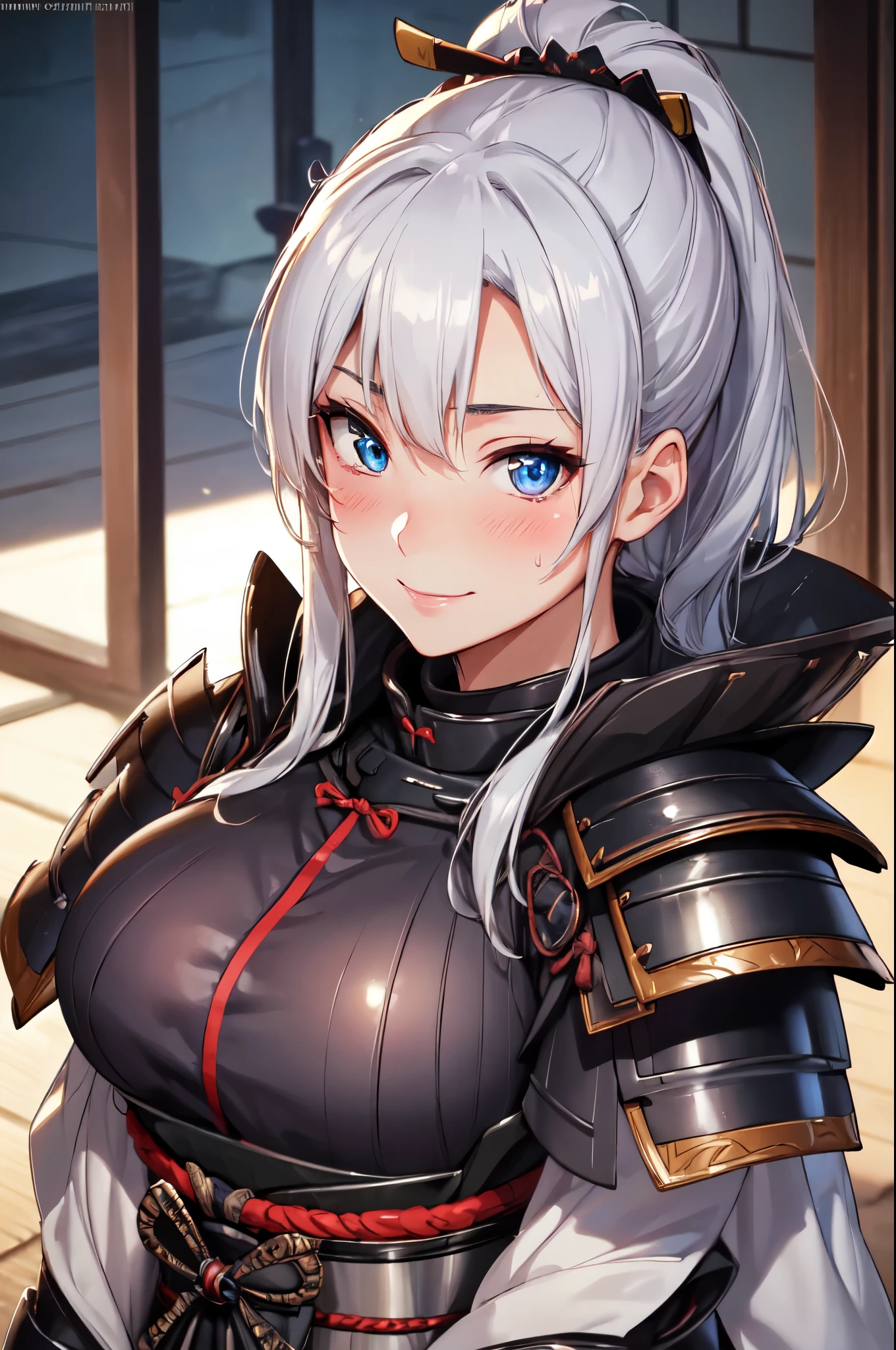 (High quality, High resolution, Fine details), (samurai armor), solo, curvy adult women, sparkling eyes, (Detailed eyes:1.2), smile, blush, Sweat, Oily skin, Soft tones, shallow depth of field