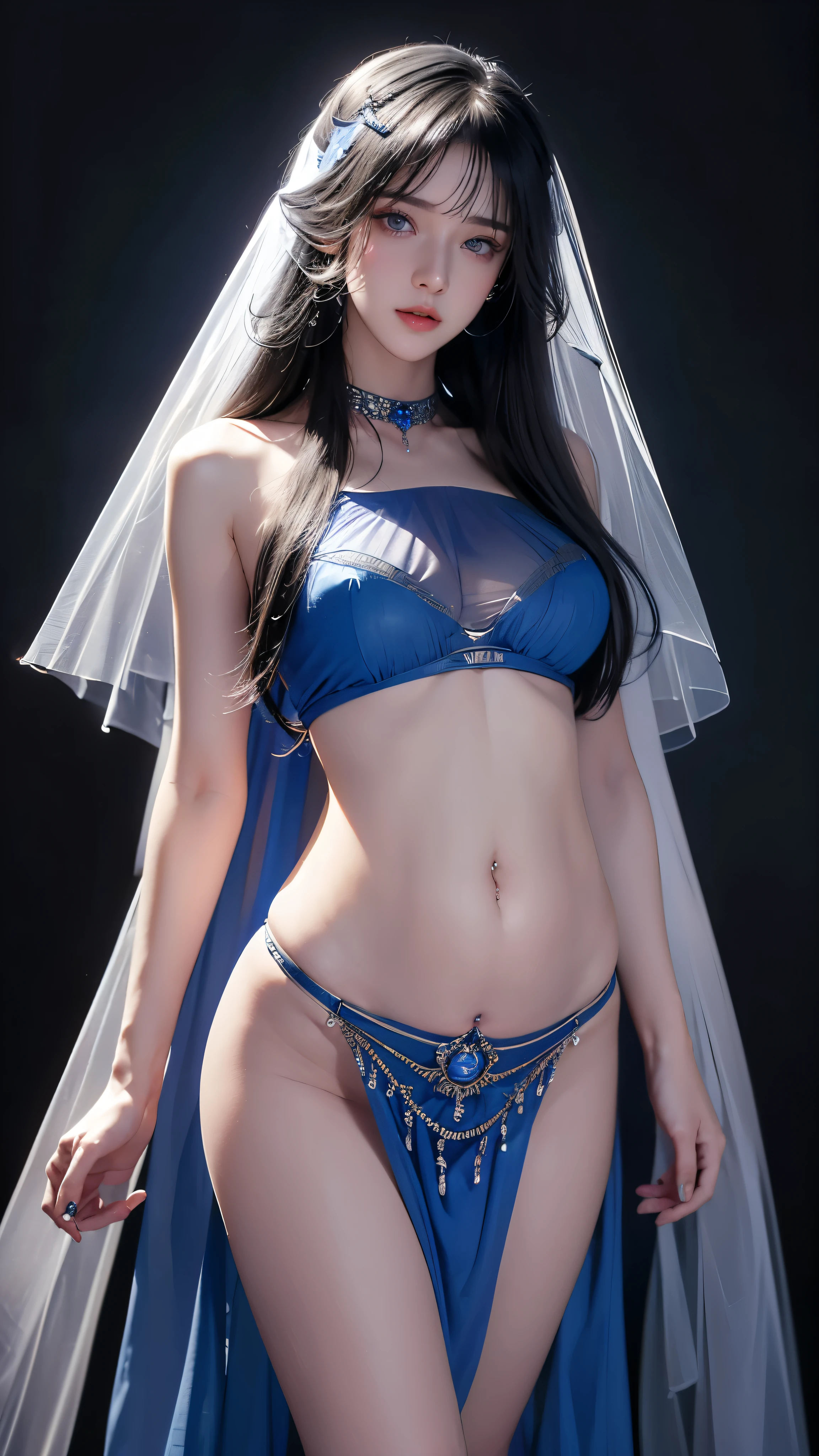 masterpiece, highest quality, Super detailed, Facing the camera, Super detailed, Realistic, Sharp features, Very detailed, Sharp focus, Perfect Face, Perfect symmetrical perfect eyes, Perfect Plump Lips, Flexible female form, Cinematic, Film Light, Super detailed, hyper Realistic, masterpiece, Atmospheric, High resolution, Vibrant, Dynamic Studio Lighting, ((Dark Background)), The expression when enduring pleasure, Straight bangs, blue eyes,Sexually aroused expression、(((She is completely naked and wearing a long veil))), (((Belly Piercing))),(((genitalpiercing)))