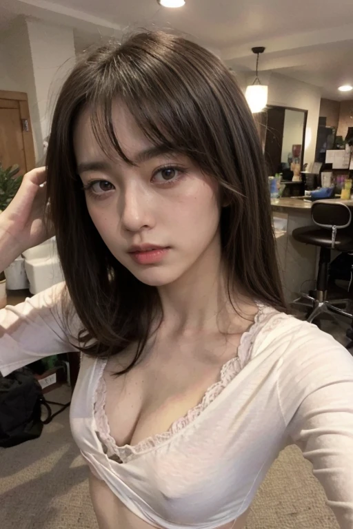 Original Photography，1 Girl，Selfie，photo (so easy:1)，red puffy eyes，t-shirt，t-shirt里的红色蕾丝，Small cleavage，Beautiful long legs