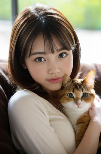 beautiful cat, corrected-cat, She is holding a kitty calico cat on her lap, cat is sleeping, on sofa looking viewer, Japanese girl , 16 year old ,(middle hair, brown hair, fringe, little smiling) ,(masterpiece, highest quality, Very detailed, Ultra-high resolution, (photopractical:1.4), Original photo, (practical:0.2), 8K HDR,)、dark room, 1 candle lighting