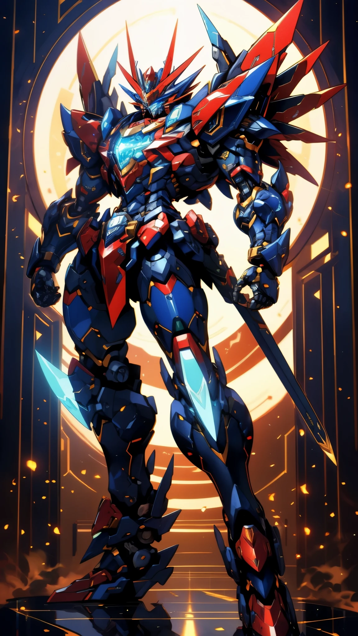 Humanoid Mecha, fully enclosed shoulder guards, matching arm and leg guards, full body, full armor, super robot, the design balances heavy with agility, (the color scheme is primarily white with red and blue accents, the concept Inspired by super robot, Lion concept chest armor, pose, standing, floating high above the futuristic sci-fi city), exquisite and mature art style, (aura effect, energy, glowing eyes, the armor glows), ((SRS)), metallic, dramatic, high definition, best quality, highres, ultra-detailed, ultra-fine painting, extremely delicate, professional, perfect body proportions, anatomically correct, symmetrical face, extremely detailed eyes and face, high quality eyes, creativity, RAW photo, UHD, 32k, Natural light, cinematic lighting, masterpiece-anatomy-perfect, masterpiece:1.5