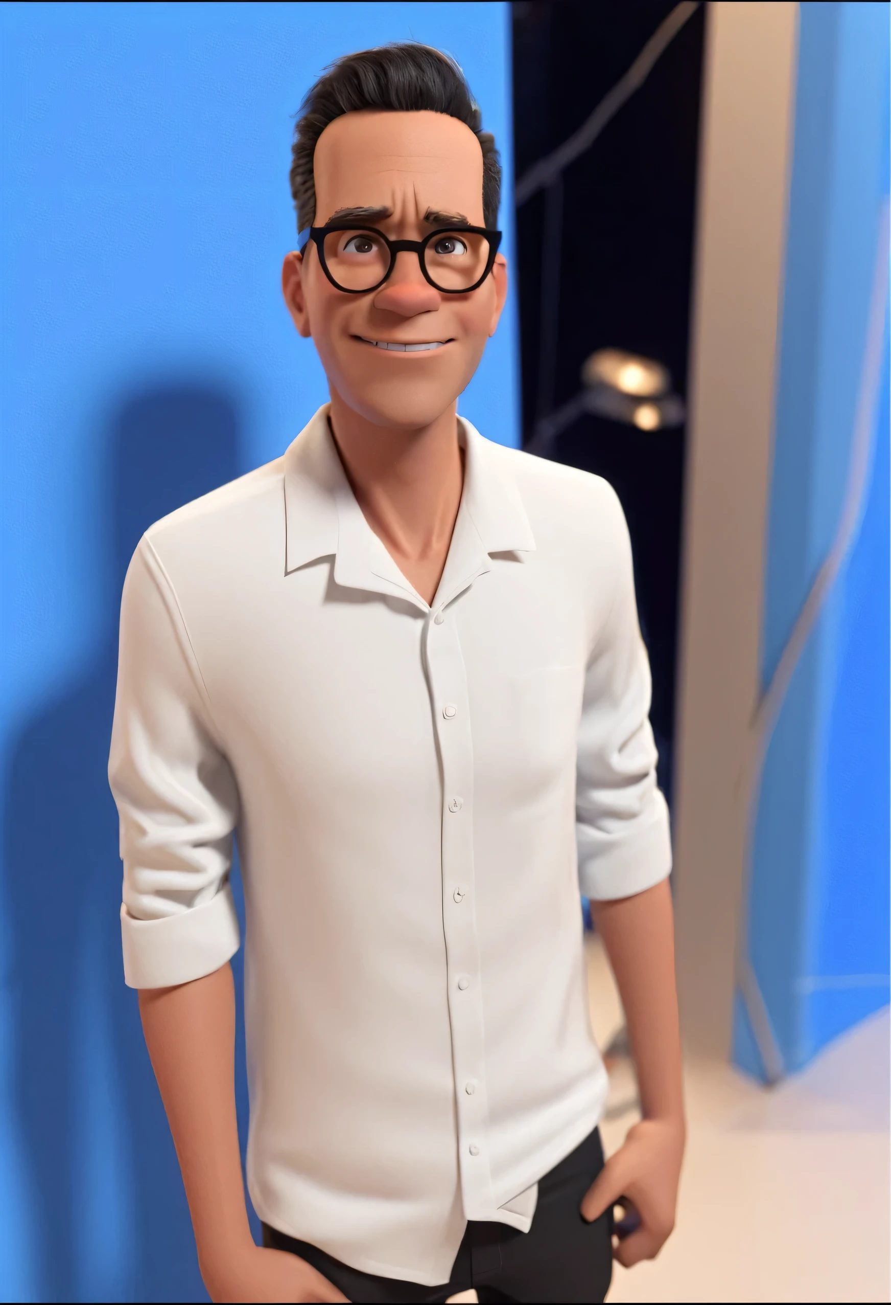 Cartoon character of a man in black glasses and blue shirt, animation character, Caractere estilizado, animation style rendering, 3D estilizado, Arnold Maya rendering, Stylized 3D rendering, toon render screenshot, Personagem 3D, Personagem 3D, Stylized 3D rendering, 3D character rendering, personagem de desenho animado, Personagem de close up, Pose de personagem,  (Estilo Pixar) (parte mestre:1.2) (Bokeh) (melhor qualidade) (pele detalhada) (textura detalhada) (8K) (argila) (cinematic lighting) (sharp focus