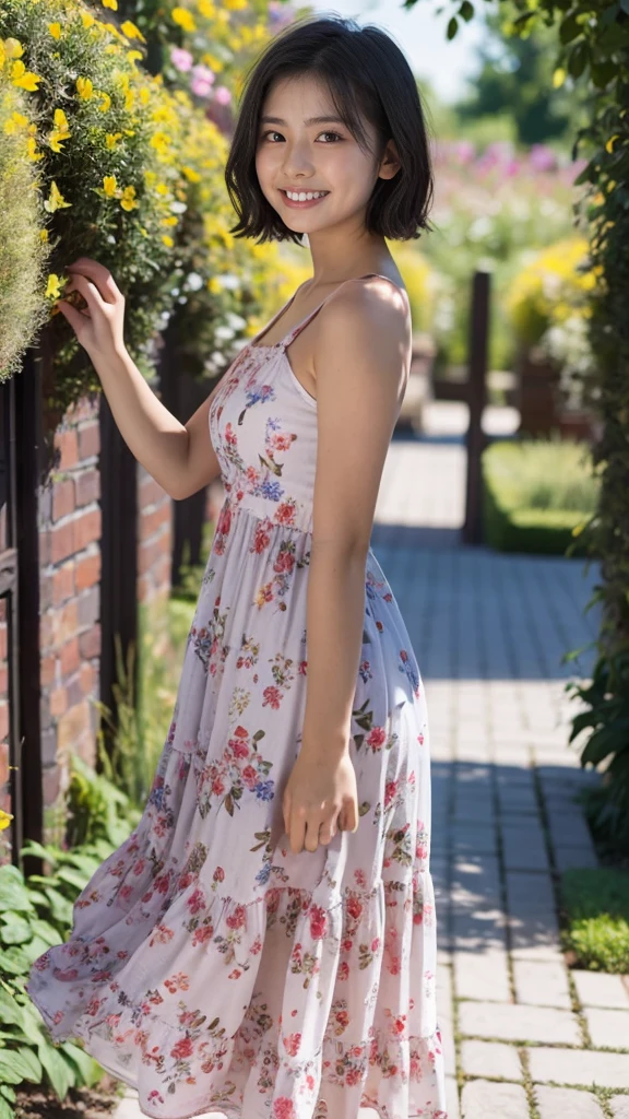 masterpiece, highest quality, disorganized, perfect anatomy, 1 girl, alone, pascal tales, short hair, beautiful, Hilarious, sunny day, botanical garden, Summer winds, sundress, Floral, wavy hair, smile