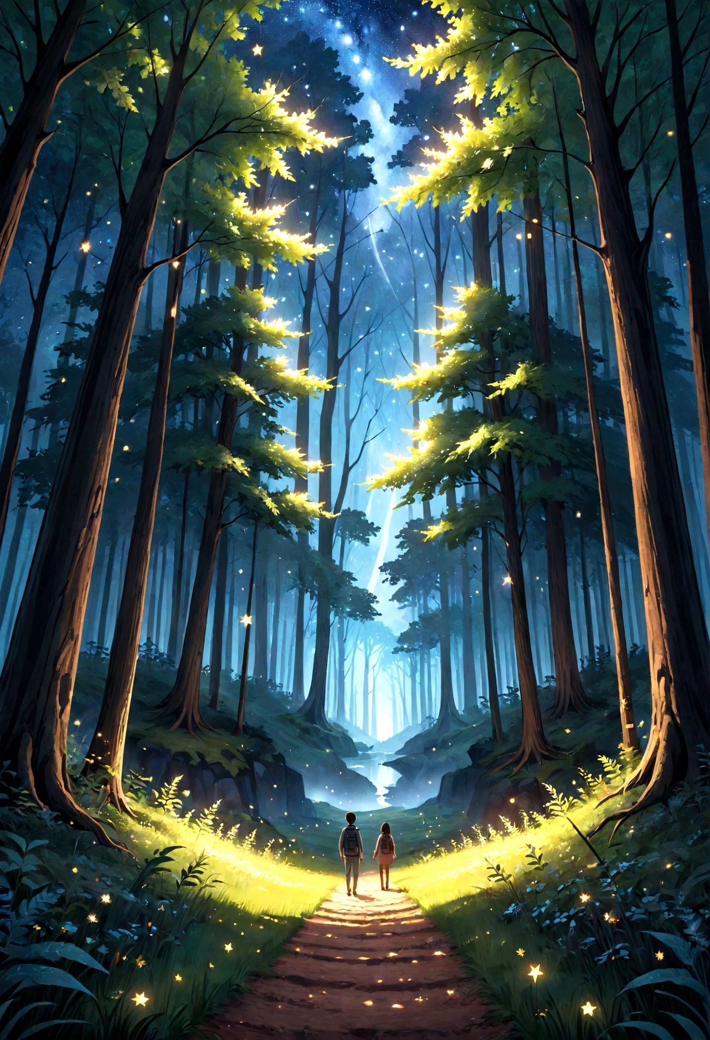 Create an image of a lush forest filled with tall, imposing trees. The leaves of these trees are luminous, emitting a soft, ethereal glow that lights the path through the forest. The night sky above is dotted with twinkling stars, adding an extra layer of magic to the scene. The overall atmosphere should be serene and peaceful, convidando o observador a se perder na beleza do momento.
